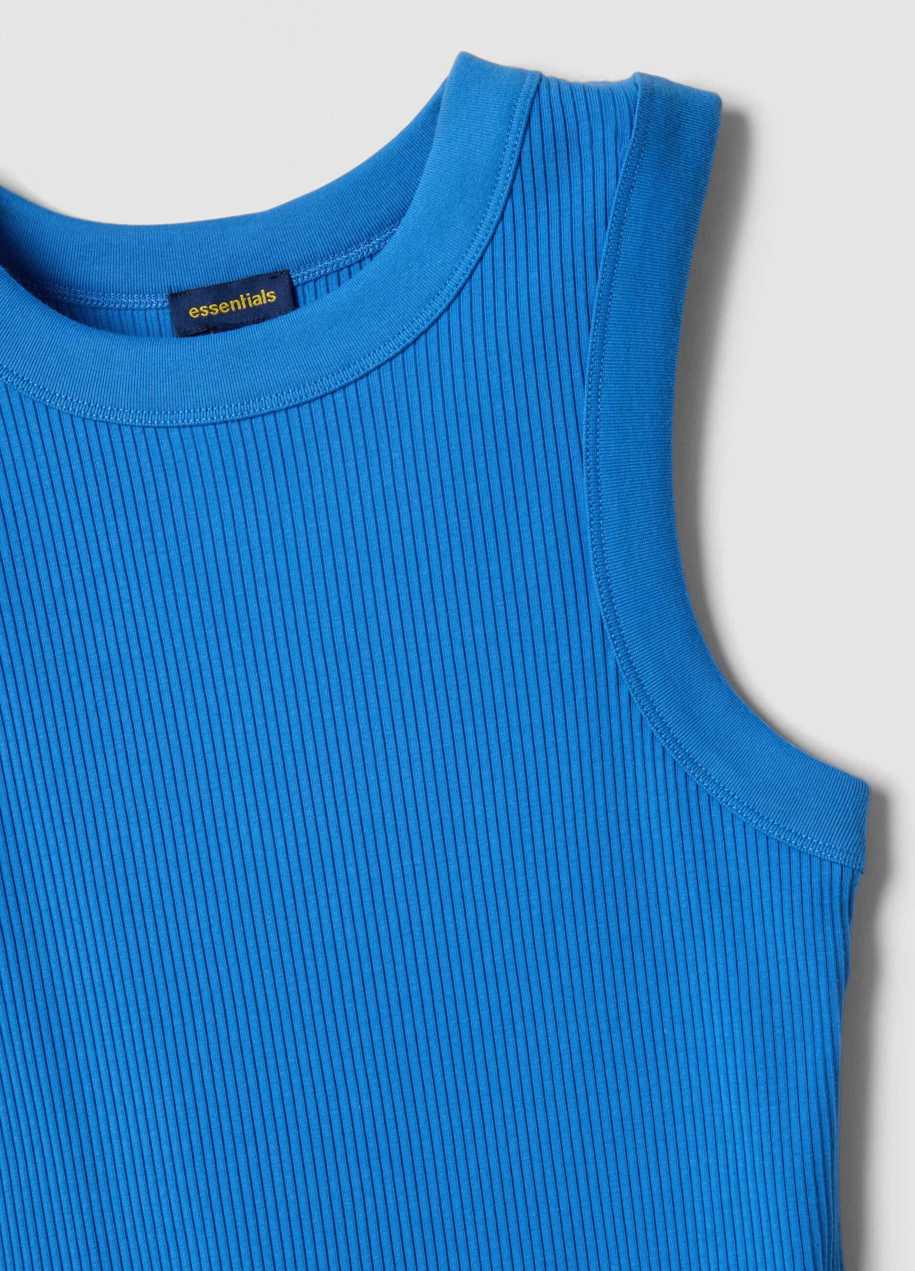 Tank top blu in cotone elasticizzato a costine fitted