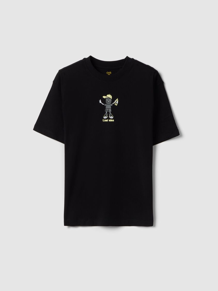 Black pure cotton oversize fit boys' t-shirt with print_0