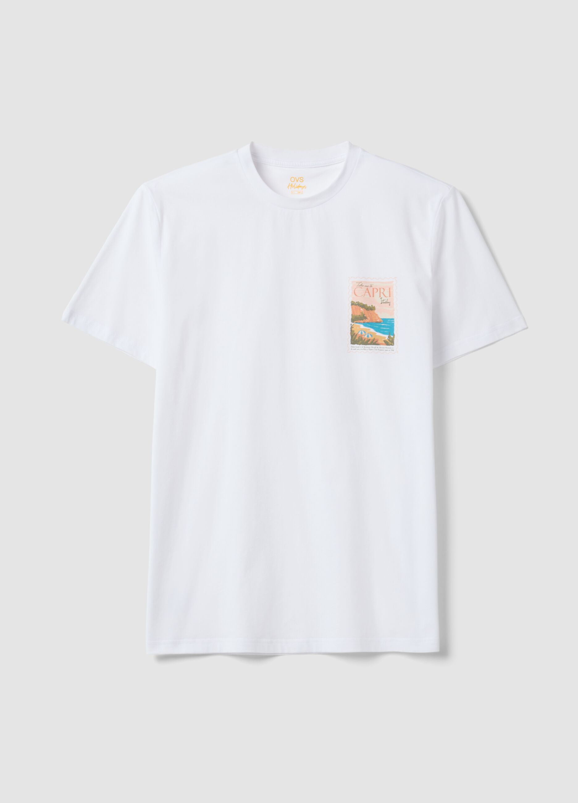 White pure cotton T-shirt with applied print, regular fit