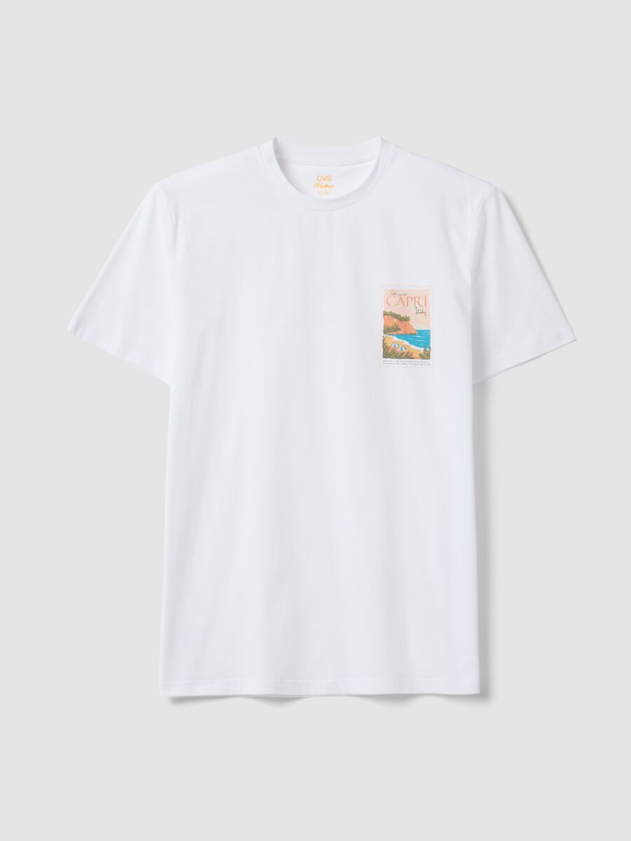 White pure cotton T-shirt with applied print, regular fit_4