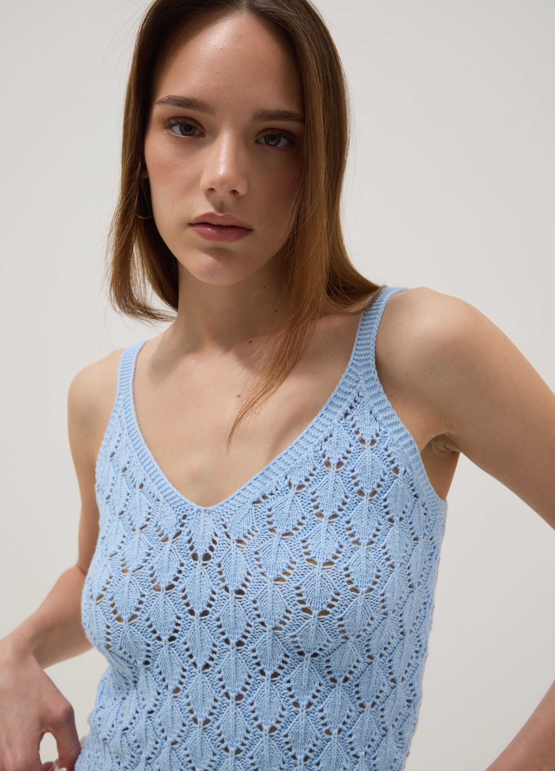 Sky-blue crochet waistcoat in pure cotton, regular fit