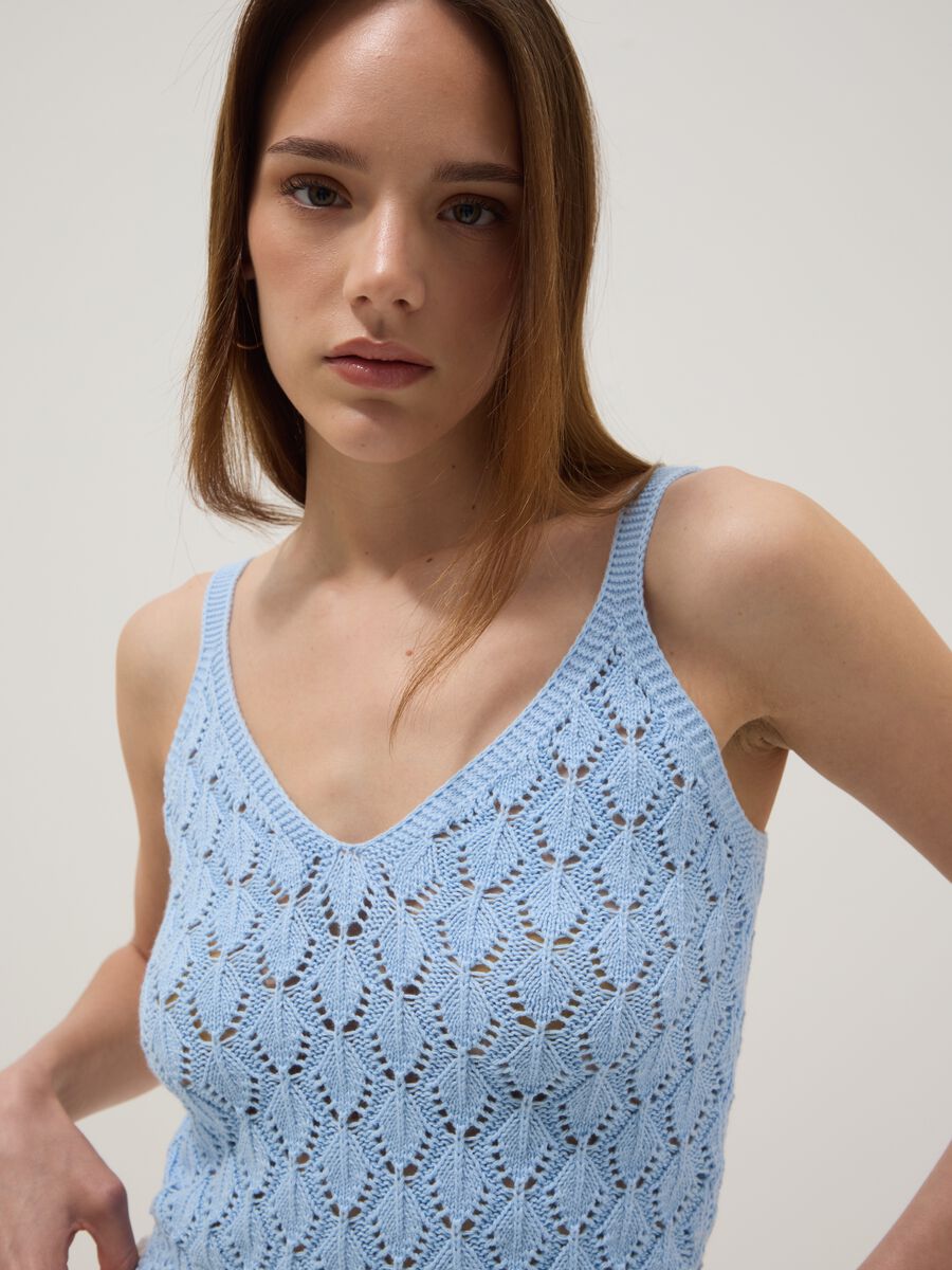 Tank Top azzurro in crochet di puro cotone regular fit_0
