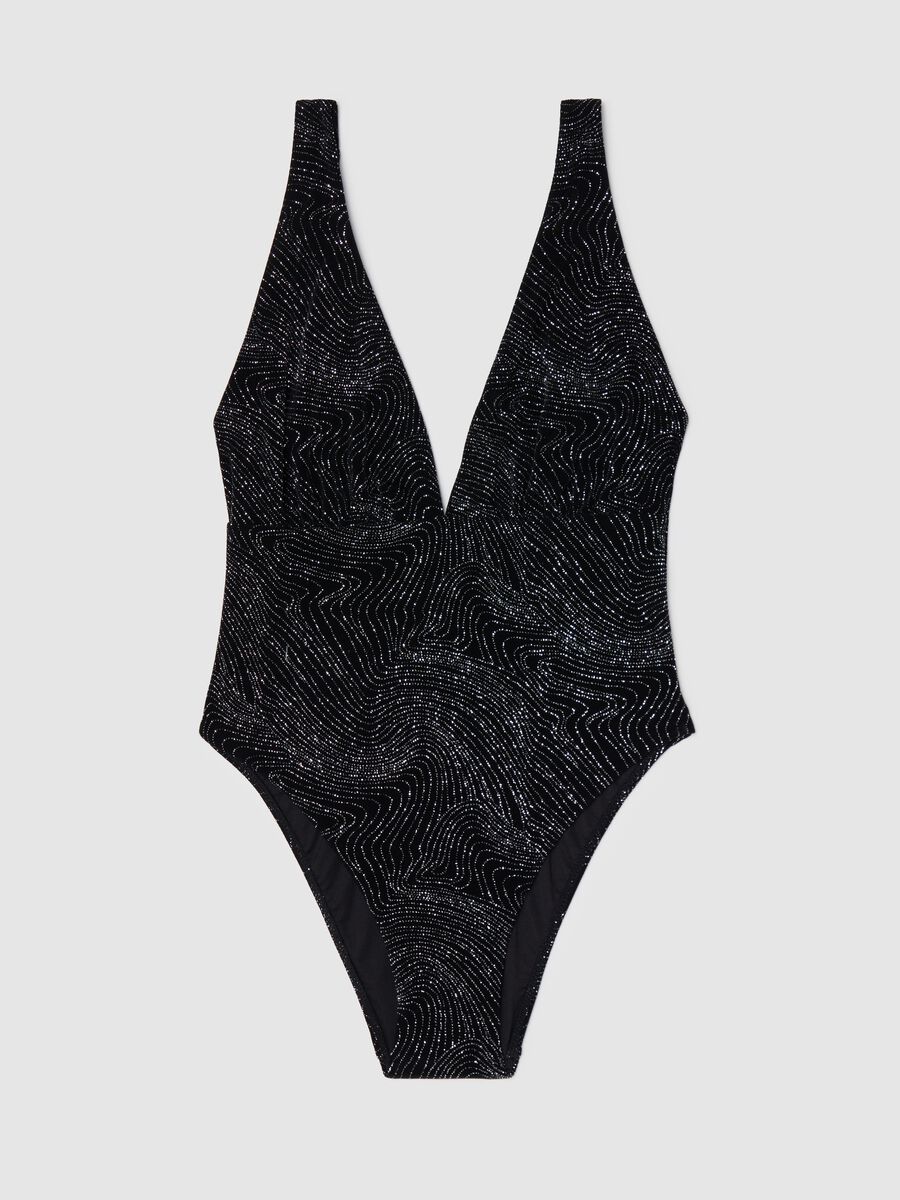One-piece women’s costume in black stretch acetate with V neck_4