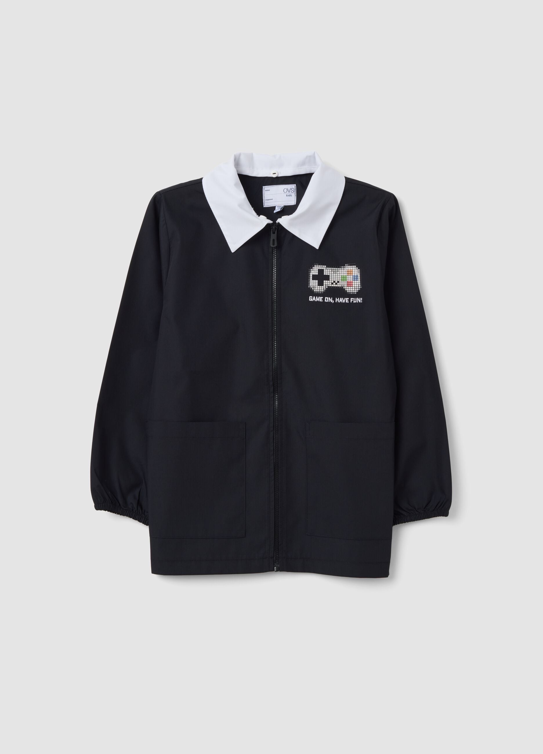 Black school apron with gaming print and white collar for boys