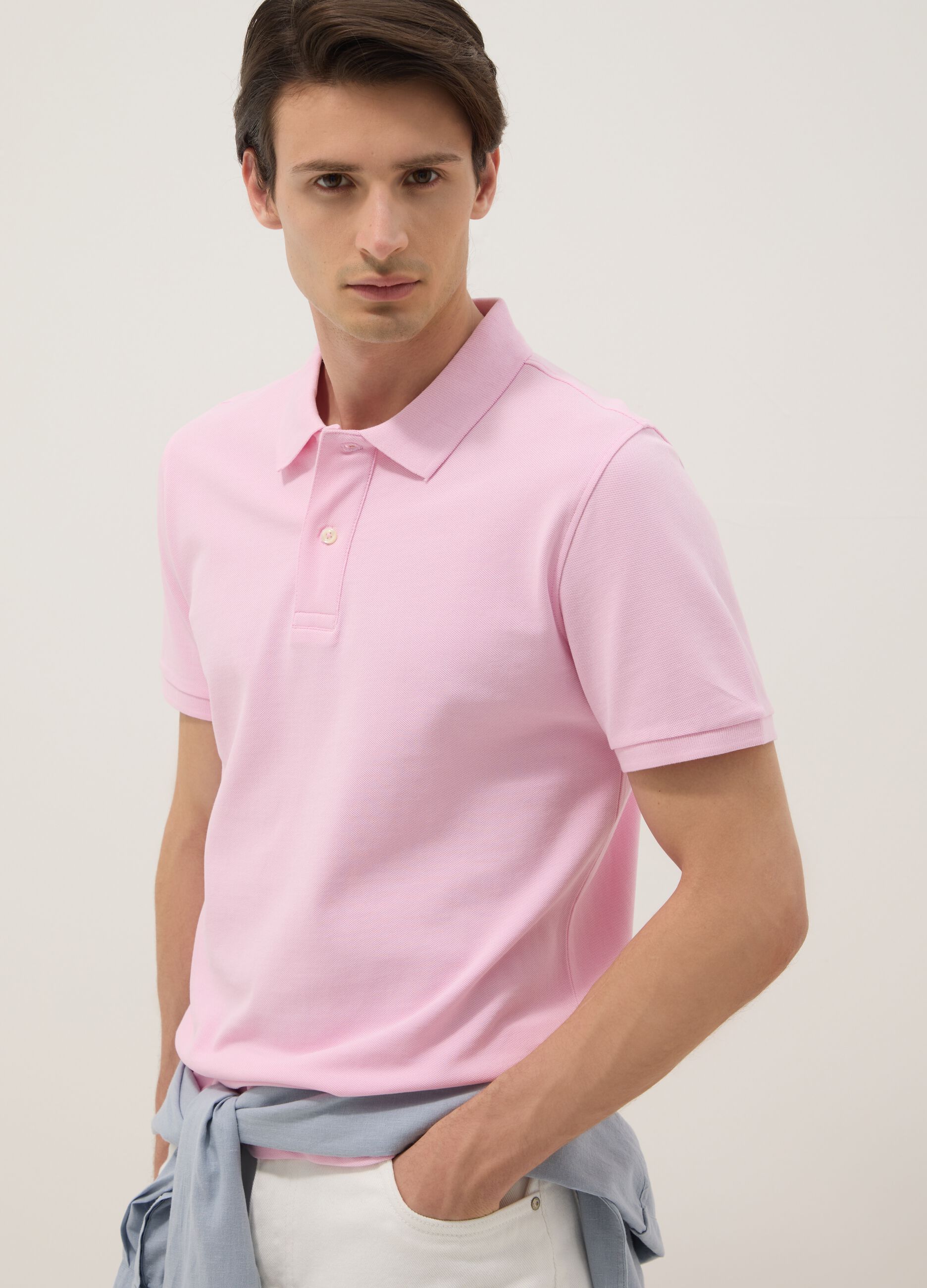 Pink short-sleeve organic cotton polo shirt, regular fit