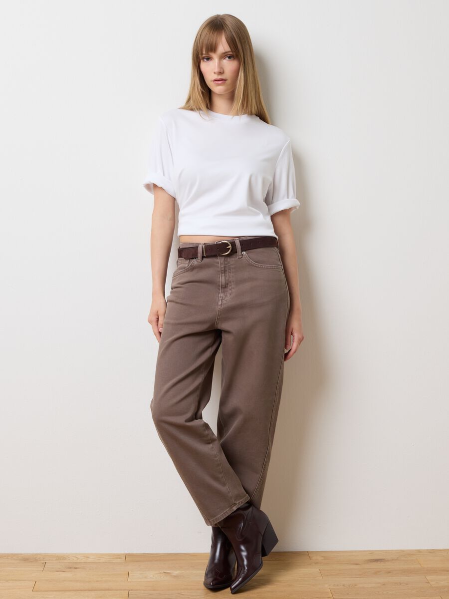 Pantaloni marrone a palloncino in cotone elasticizzato_0