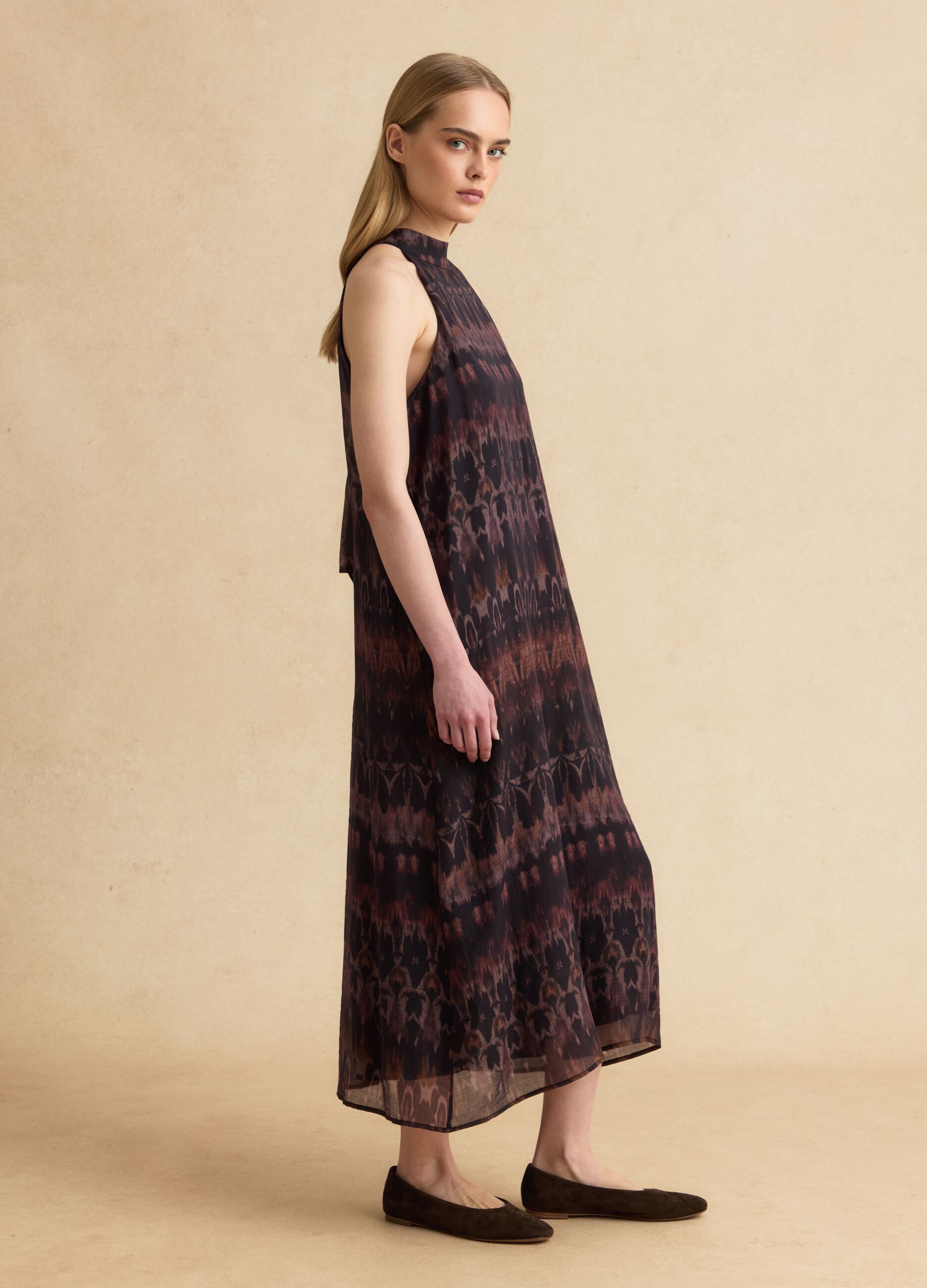 Abito maxi nero e marrone in misto lyocell regular fit con fantasia