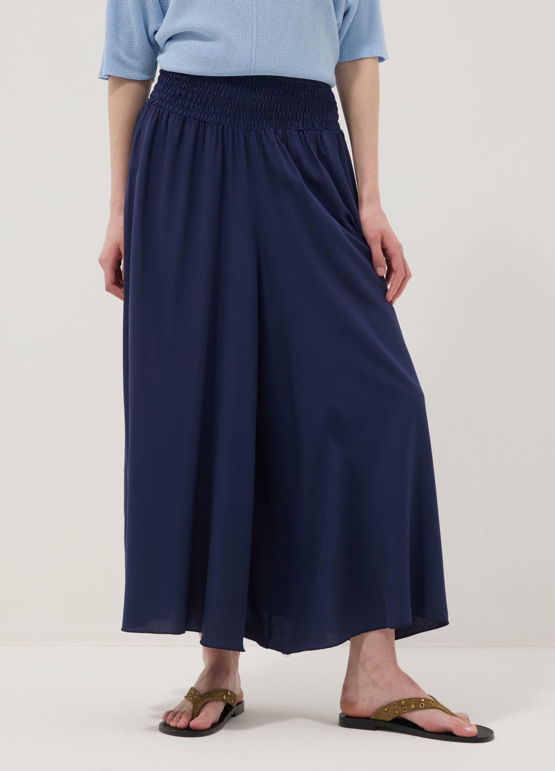 Wide blue pure-viscose trousers with elasticated waist, regular fit
