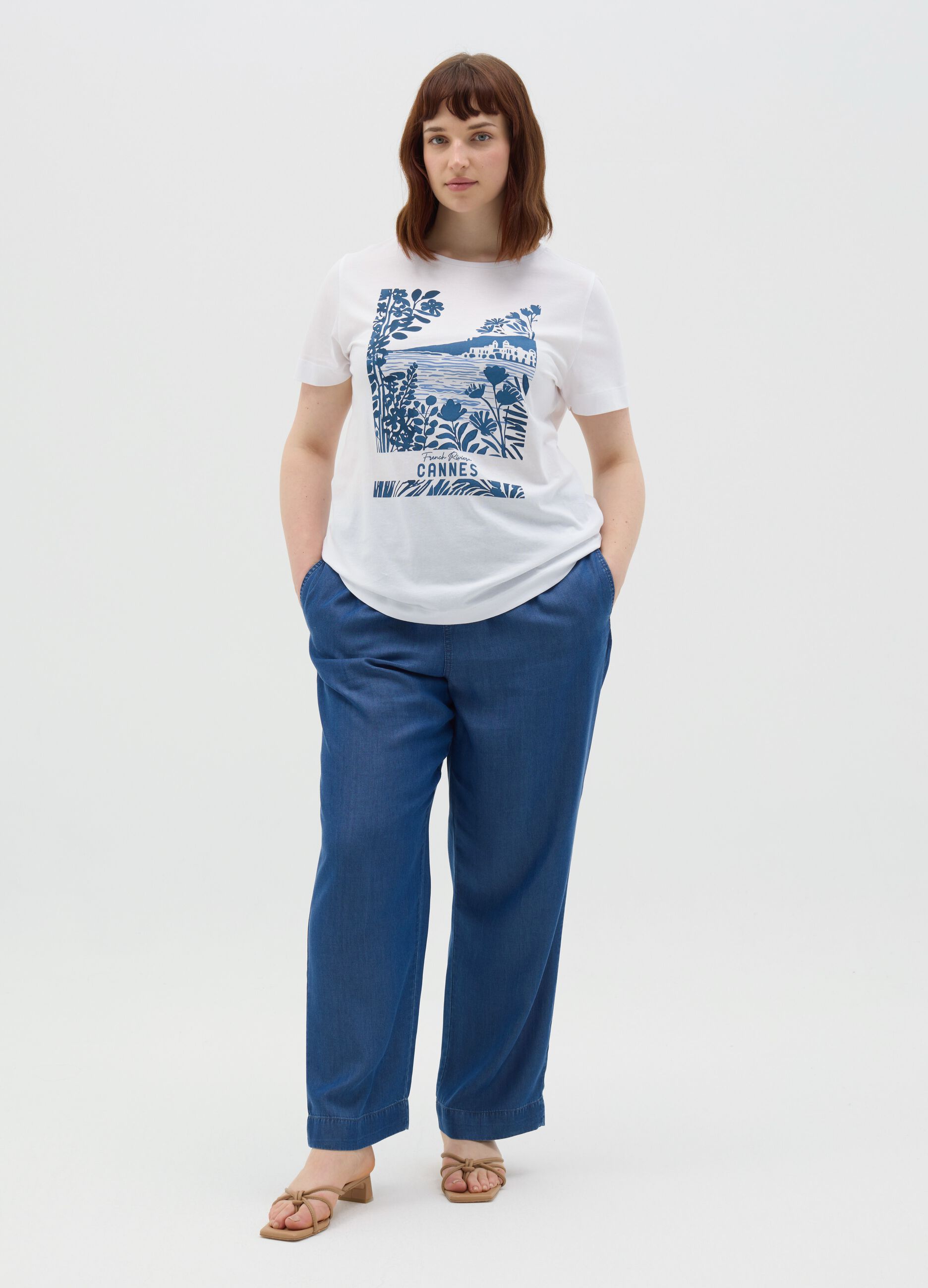 White T-shirt with blue Cannes print