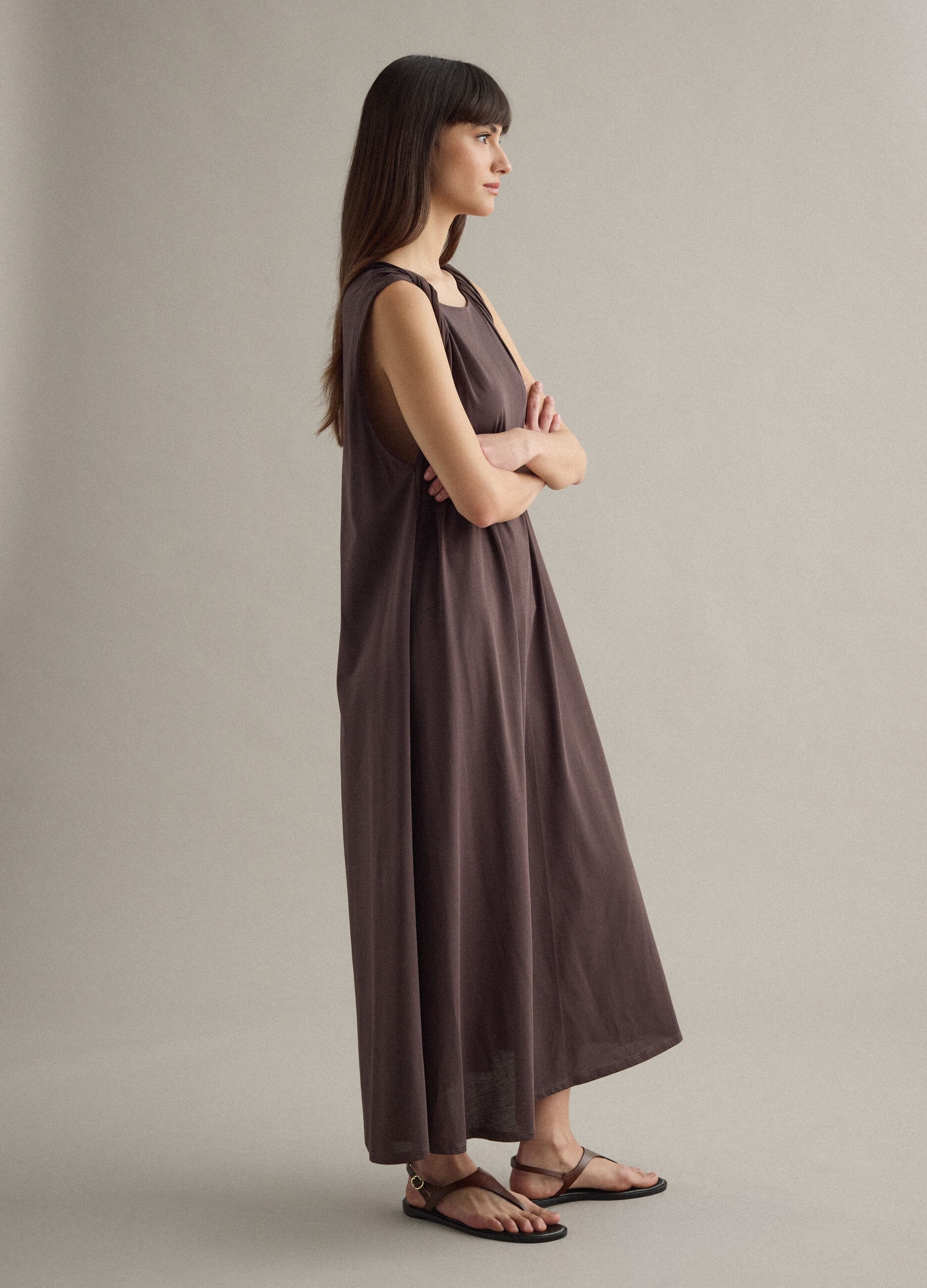 Long brown cotton-blend dress, regular fit