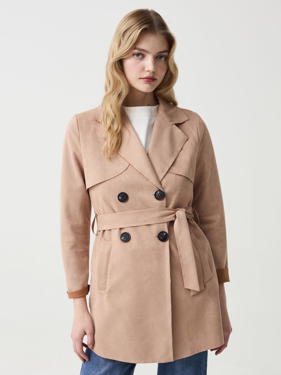Short double-breasted trench coat in suede_0