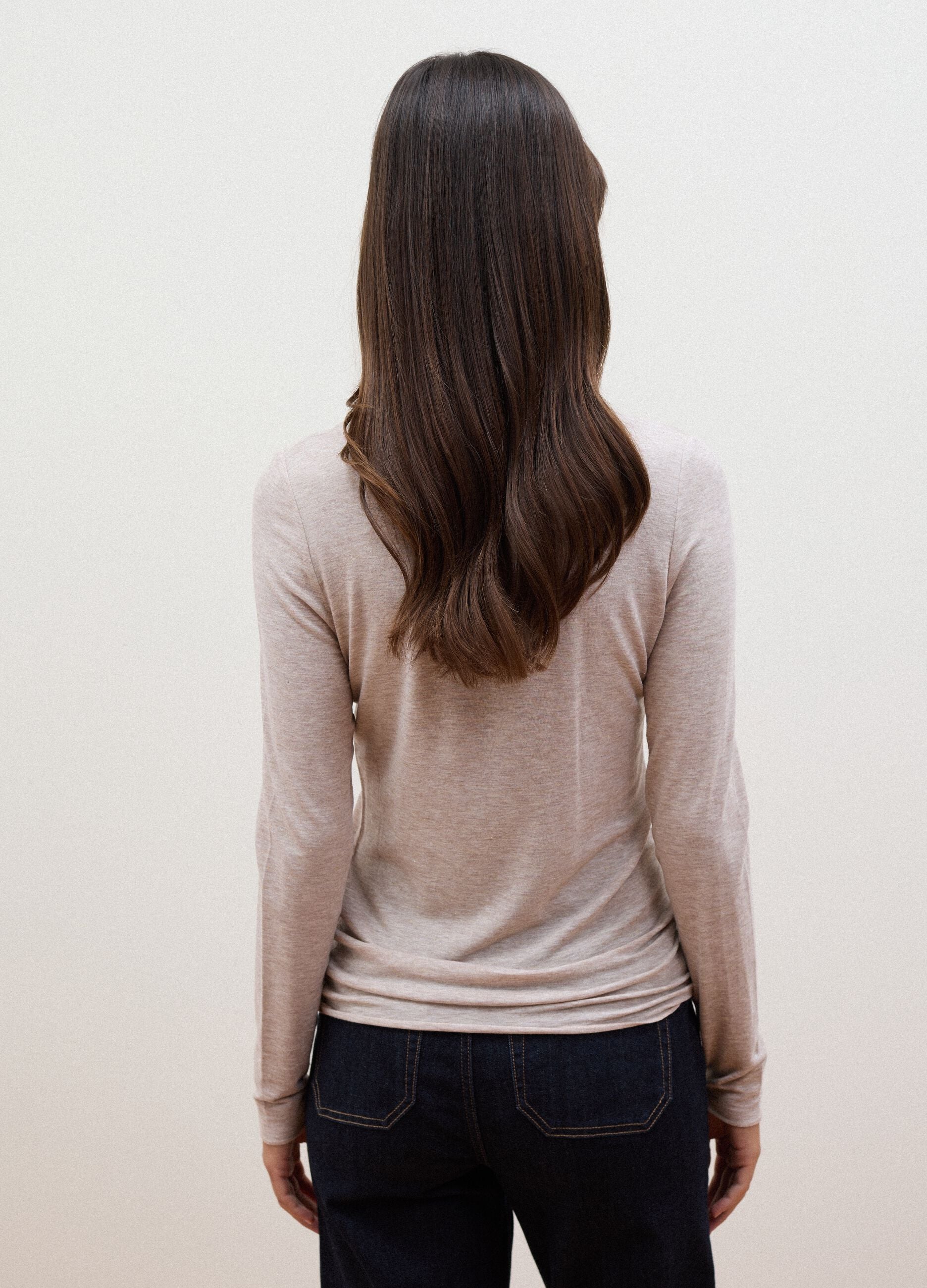 Beige modal and stretch wool T-shirt with raised collar, regular fit