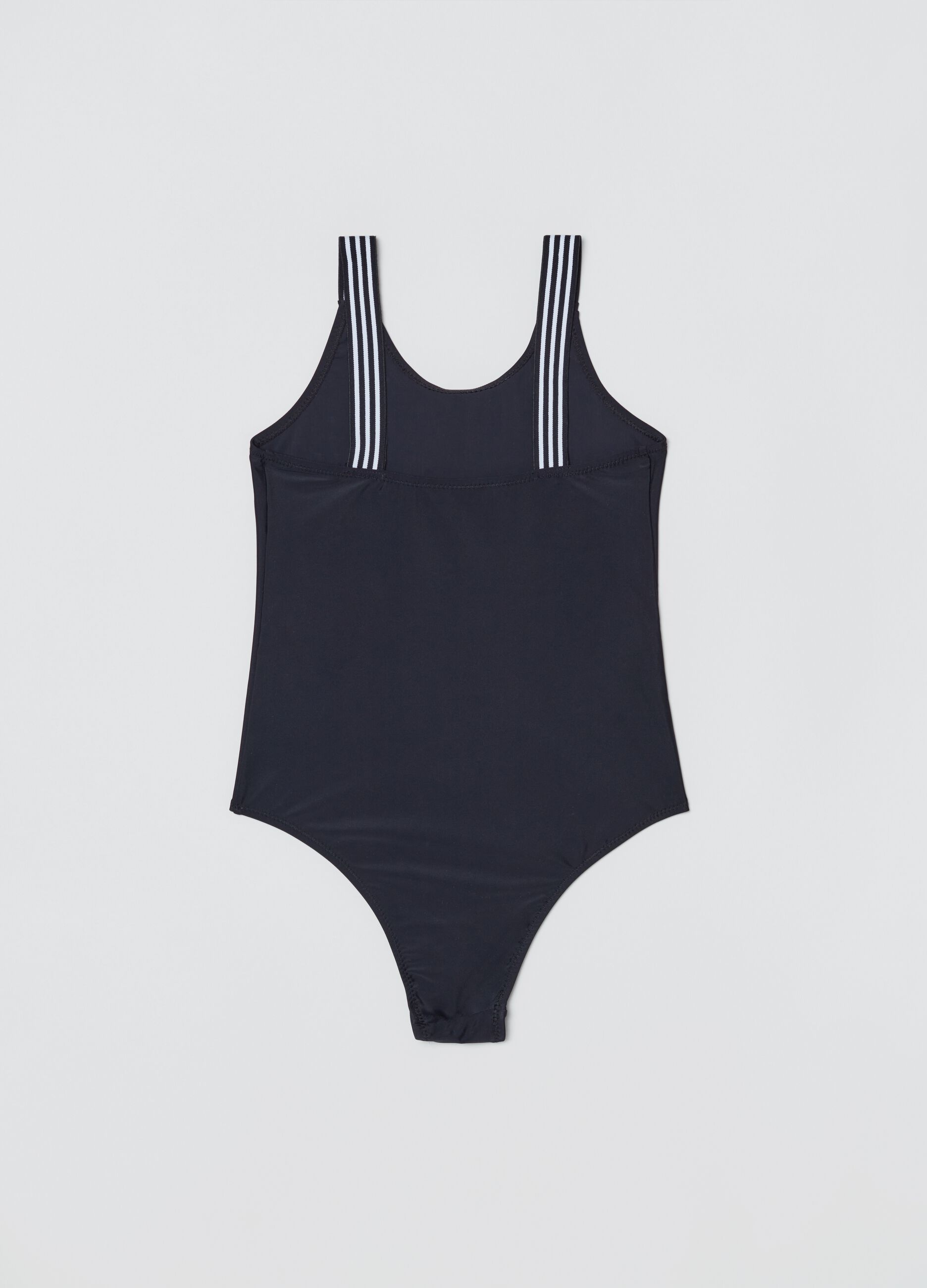 One-piece swimsuit with striped shoulder straps