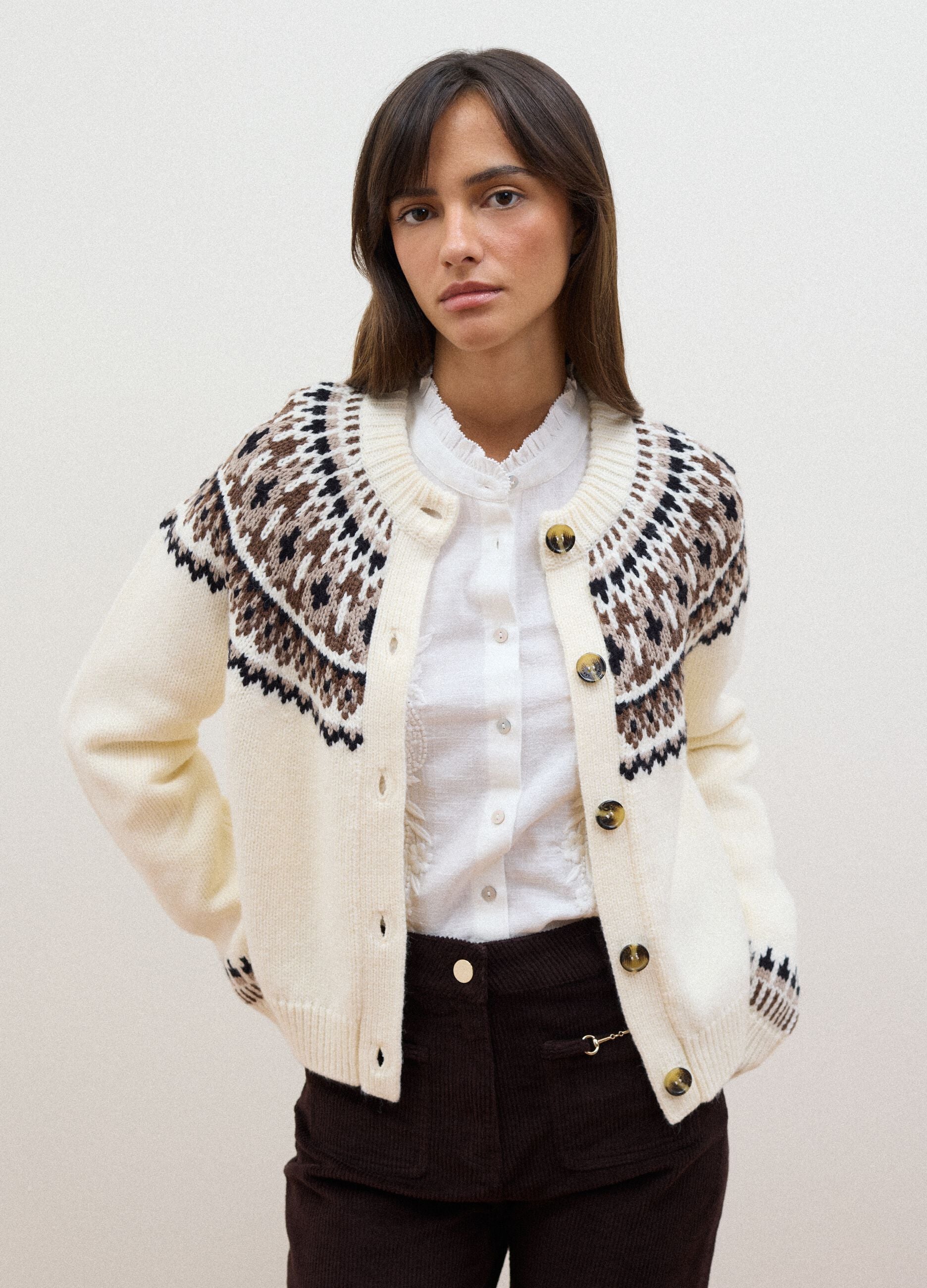 White jacquard wool-blend crew-neck cardigan