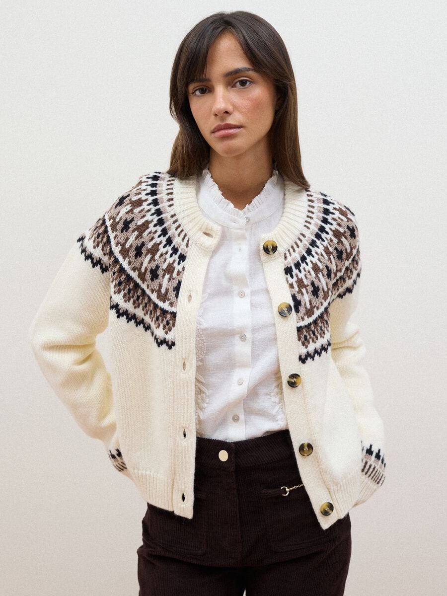 White jacquard wool-blend crew-neck cardigan_0