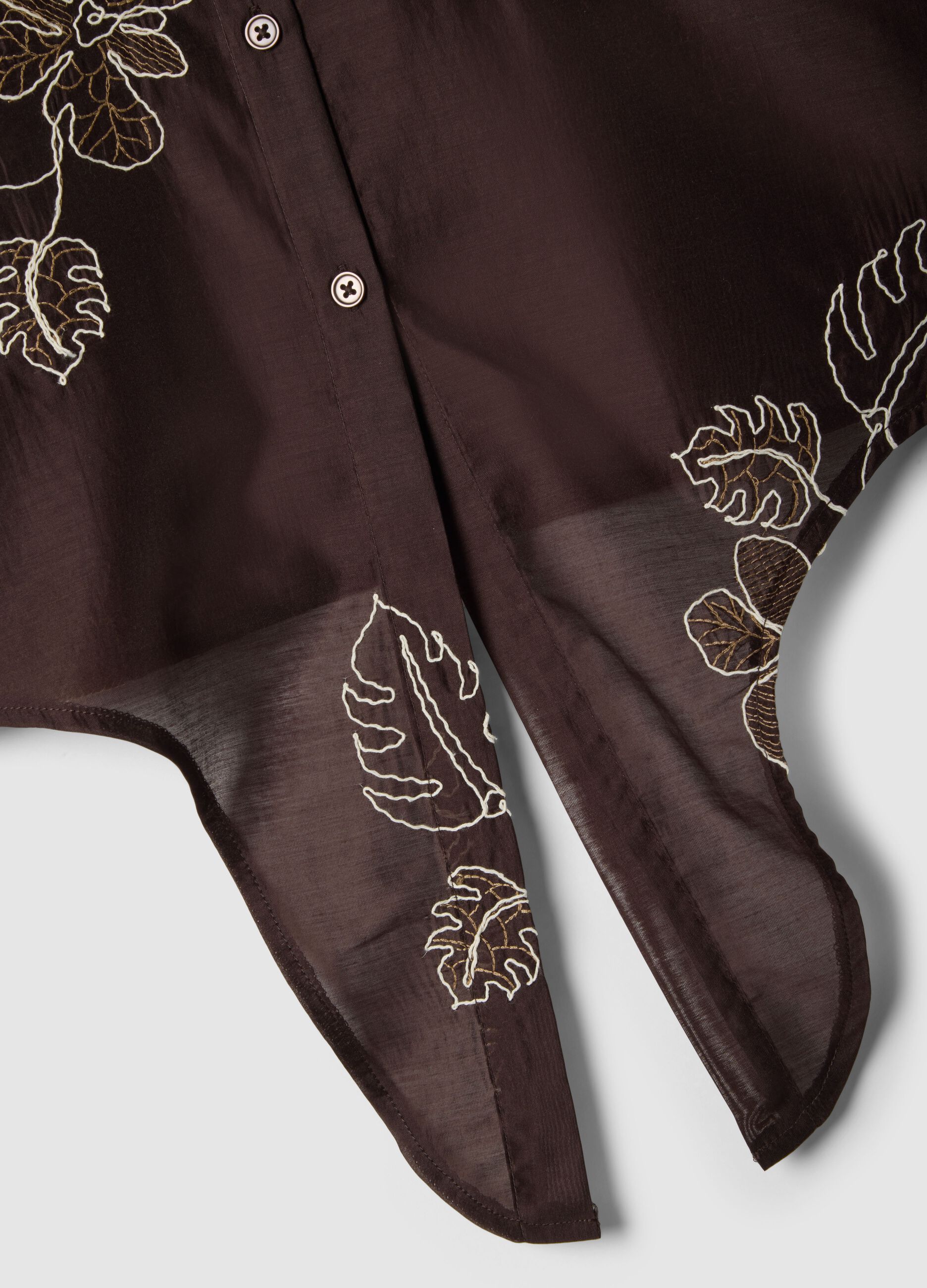 Regular Fit Brown Lyocell Blend Shirt with Floral Embroidery