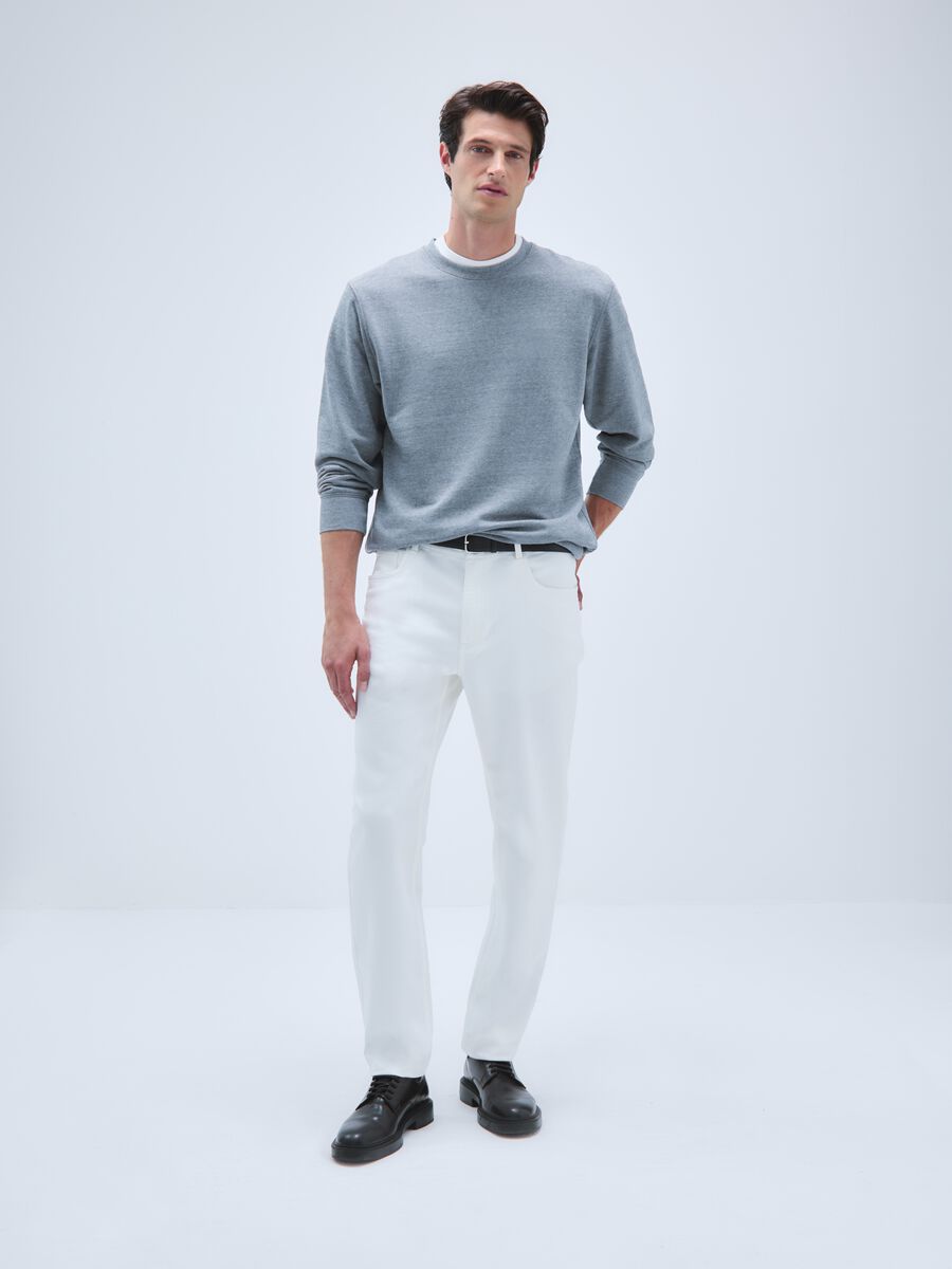 White Stretch Cotton Slim Fit Trousers_0
