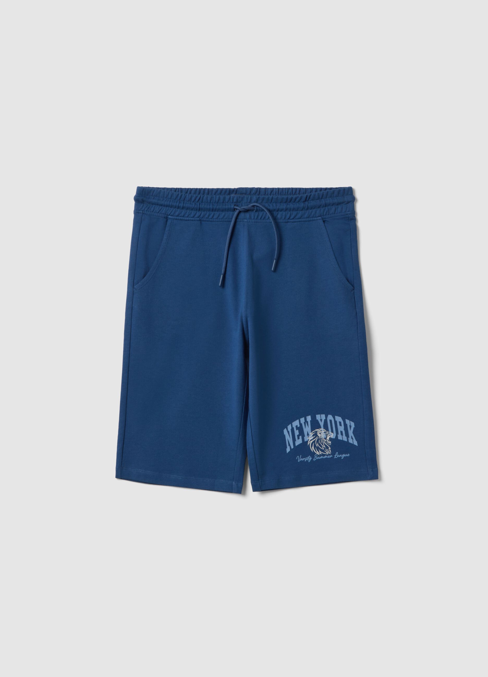 Boys' pure cotton blue shorts with New York print, regular fit