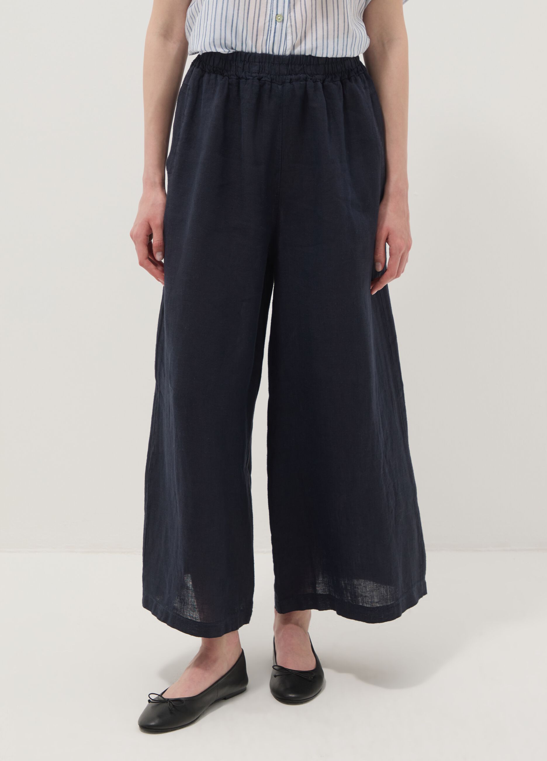 Blue pure linen wide-leg trousers, regular fit