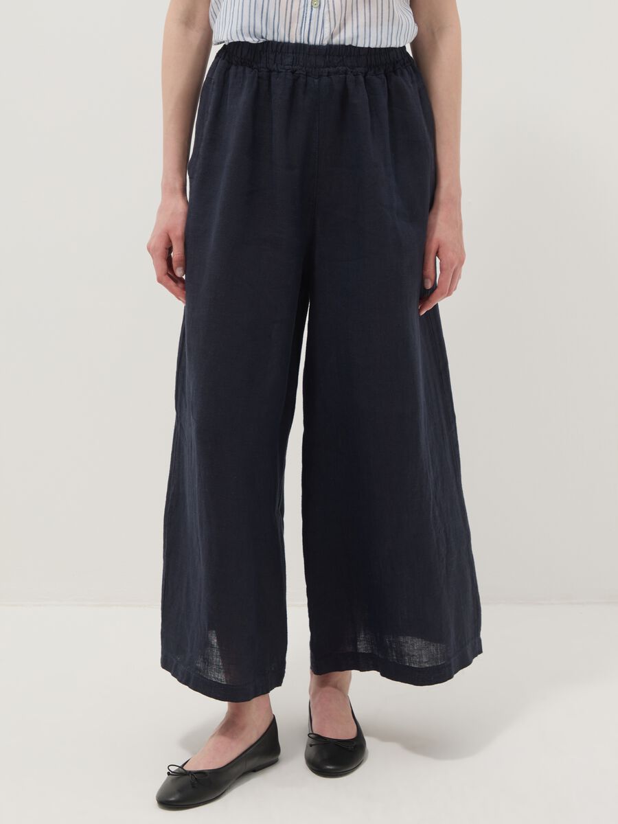 Pantaloni blu in puro lino a gamba ampia regular fit_1