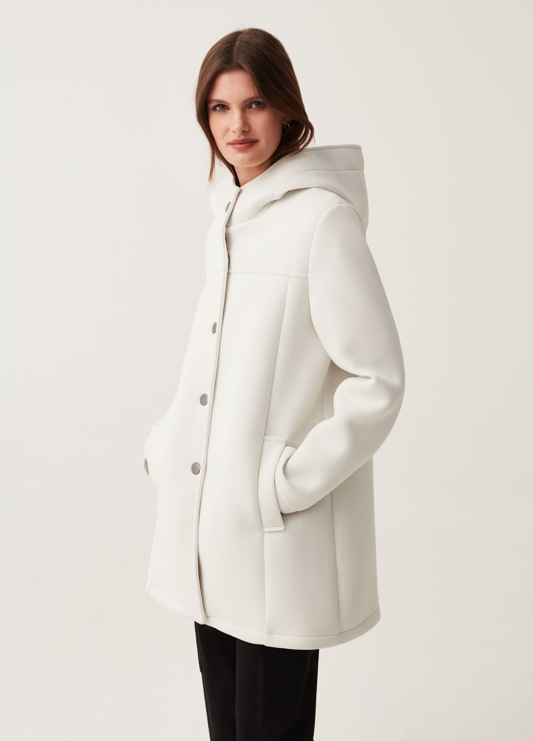 Hybrid long jacket with hood and buttons