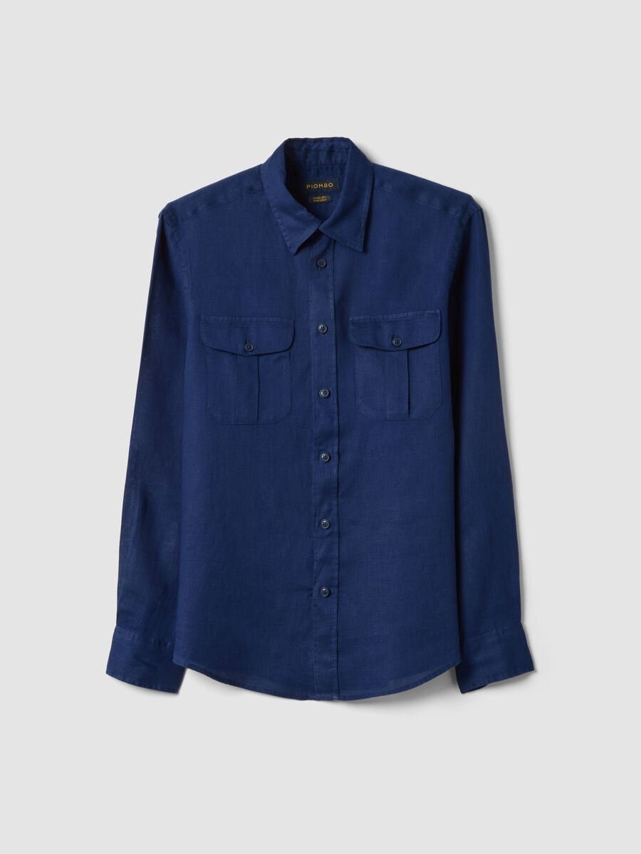 Camicia in puro lino blu regular fit con doppia tasca_5