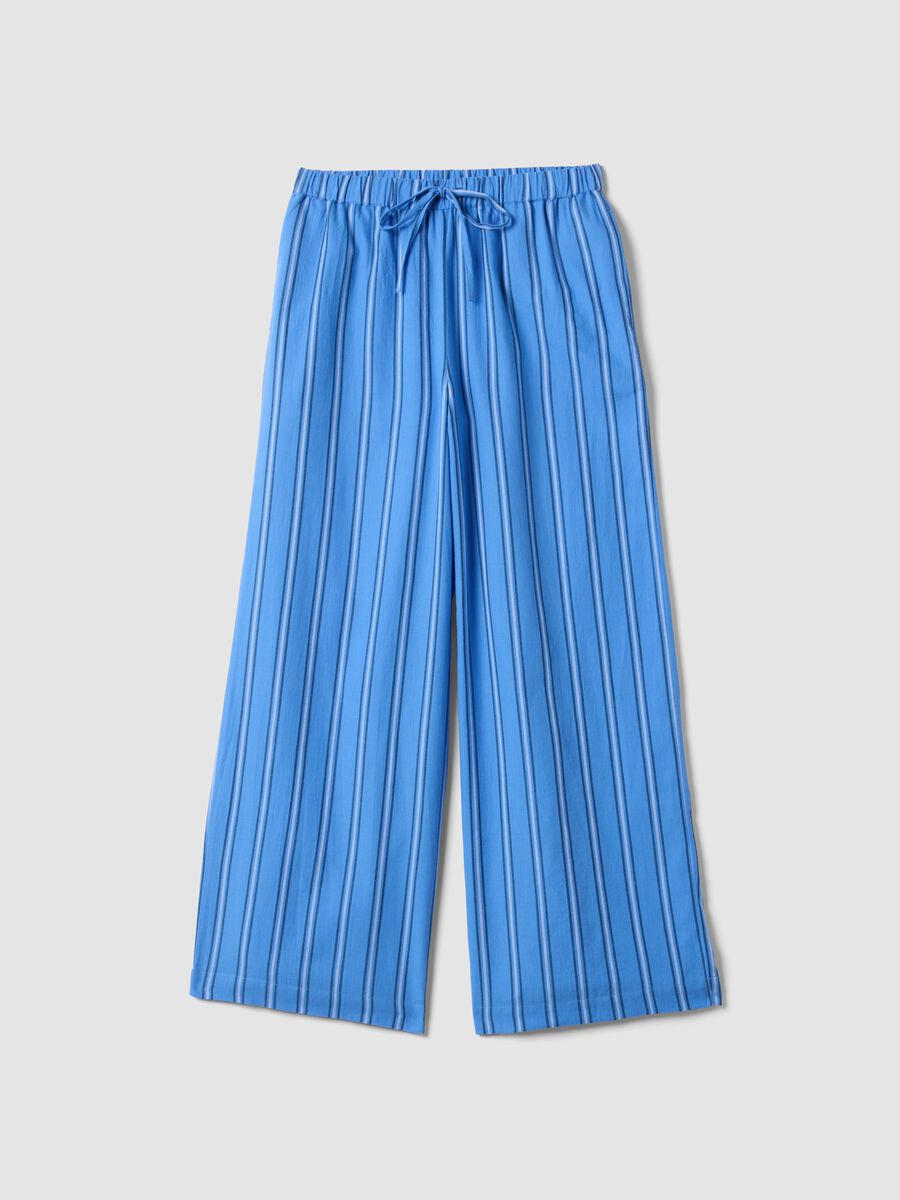 Pantaloni copricostume blu in puro cotone a righe_0