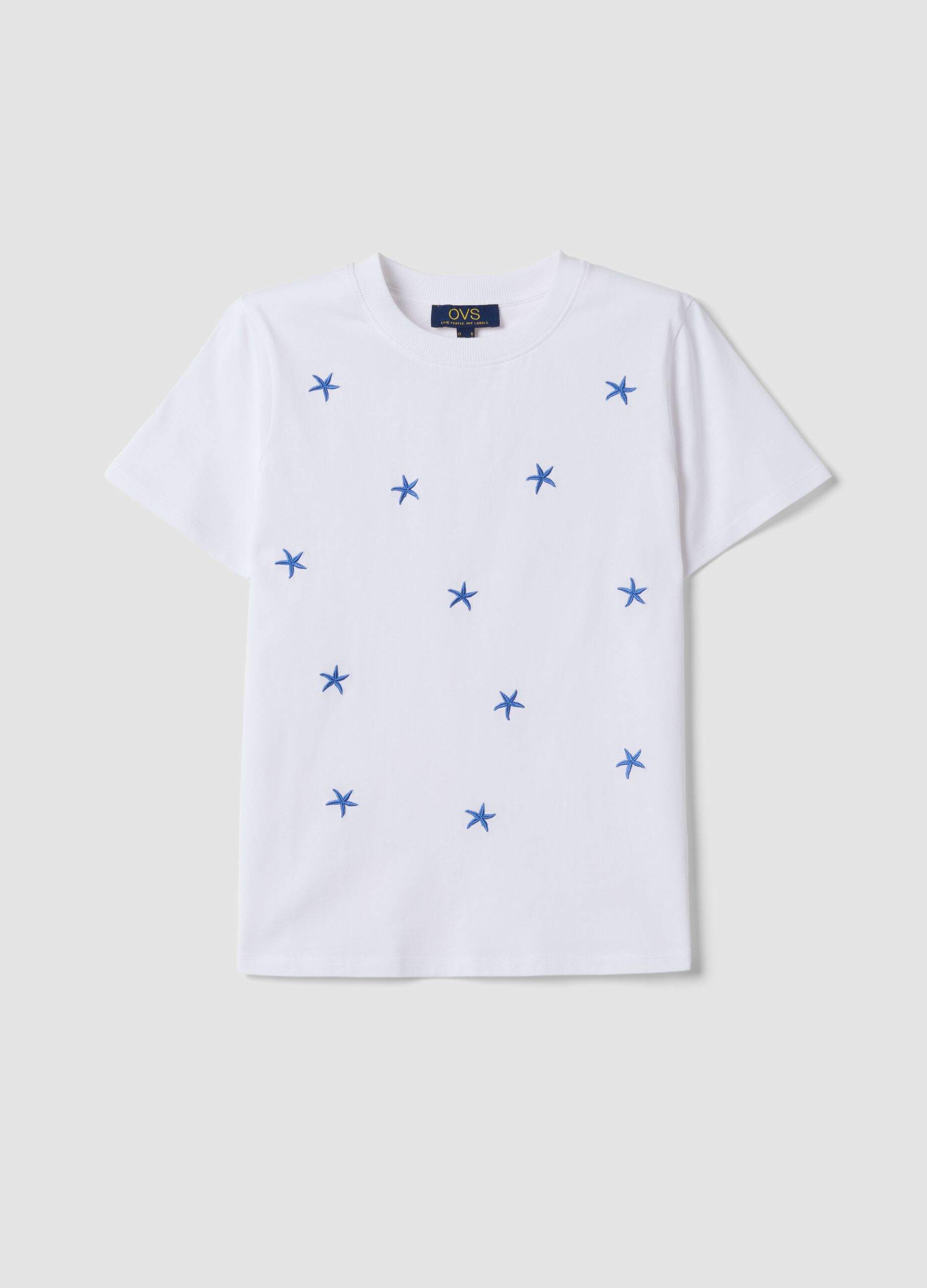 White pure cotton T-shirt with star embroidery