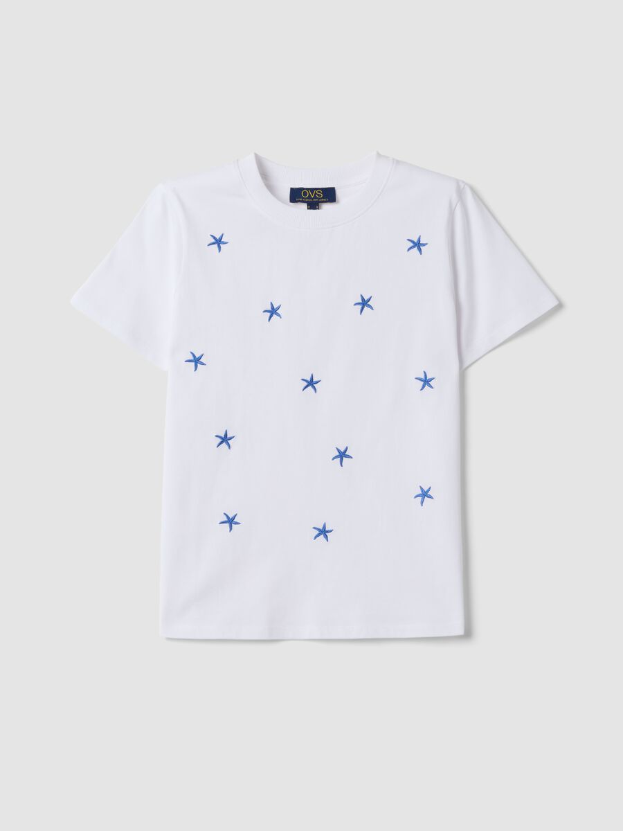 T-shirt bianca in puro cotone con ricami a stella_0