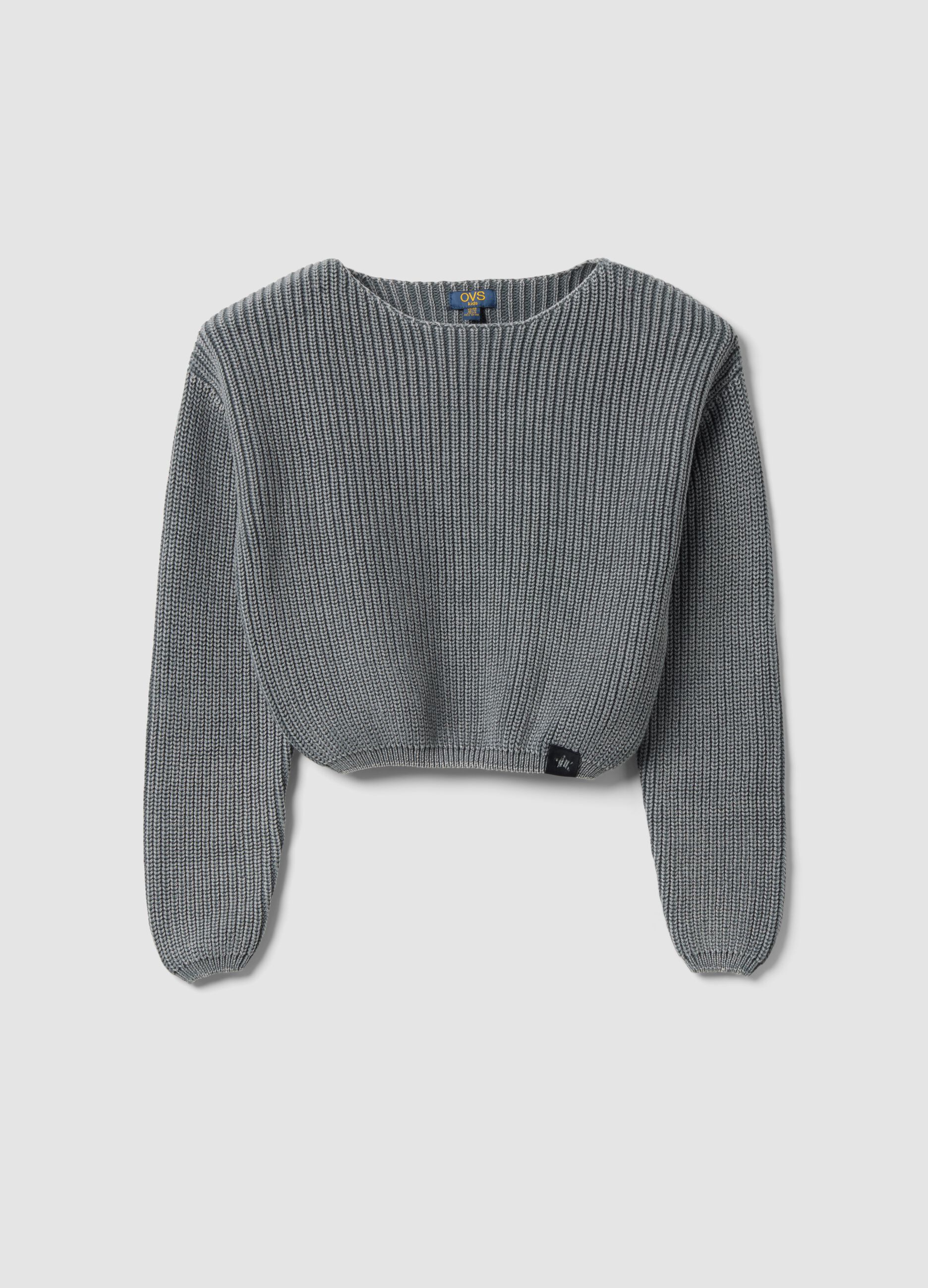 Grey ribbed pure cotton boat-neck top for girls