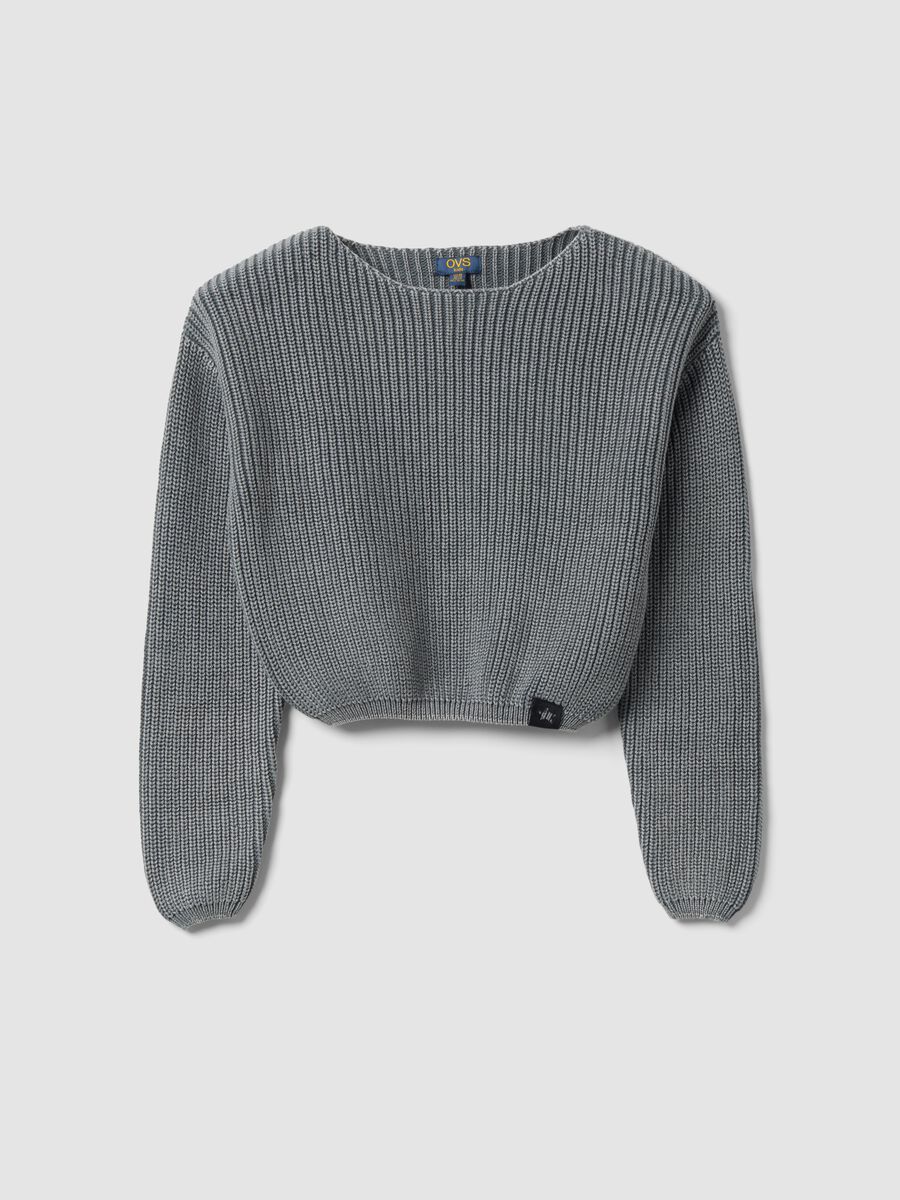 Grey ribbed pure cotton boat-neck top for girls_0