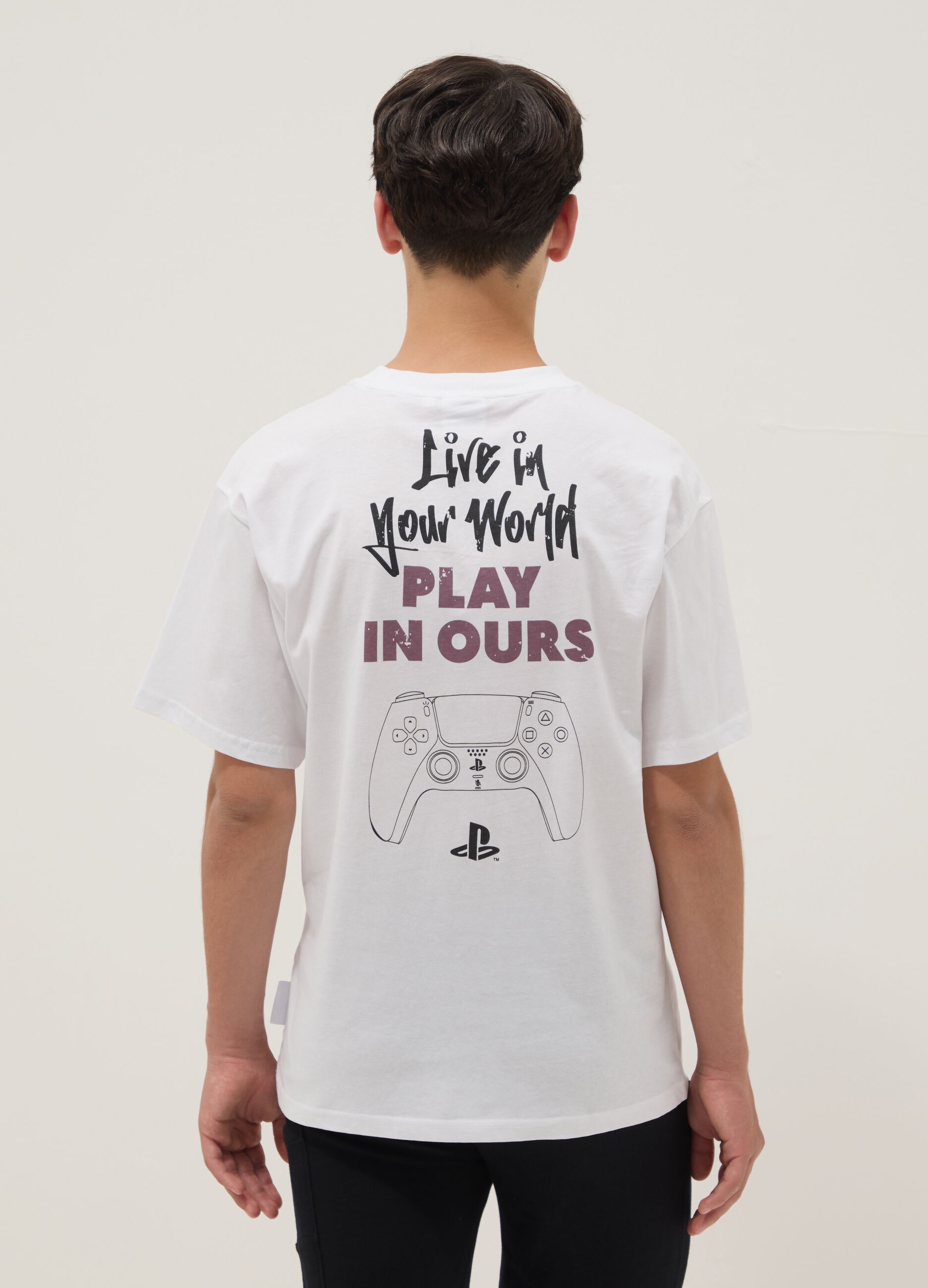 Boys&rsquo; white PlayStation logo T-shirt in pure cotton, relaxed fit