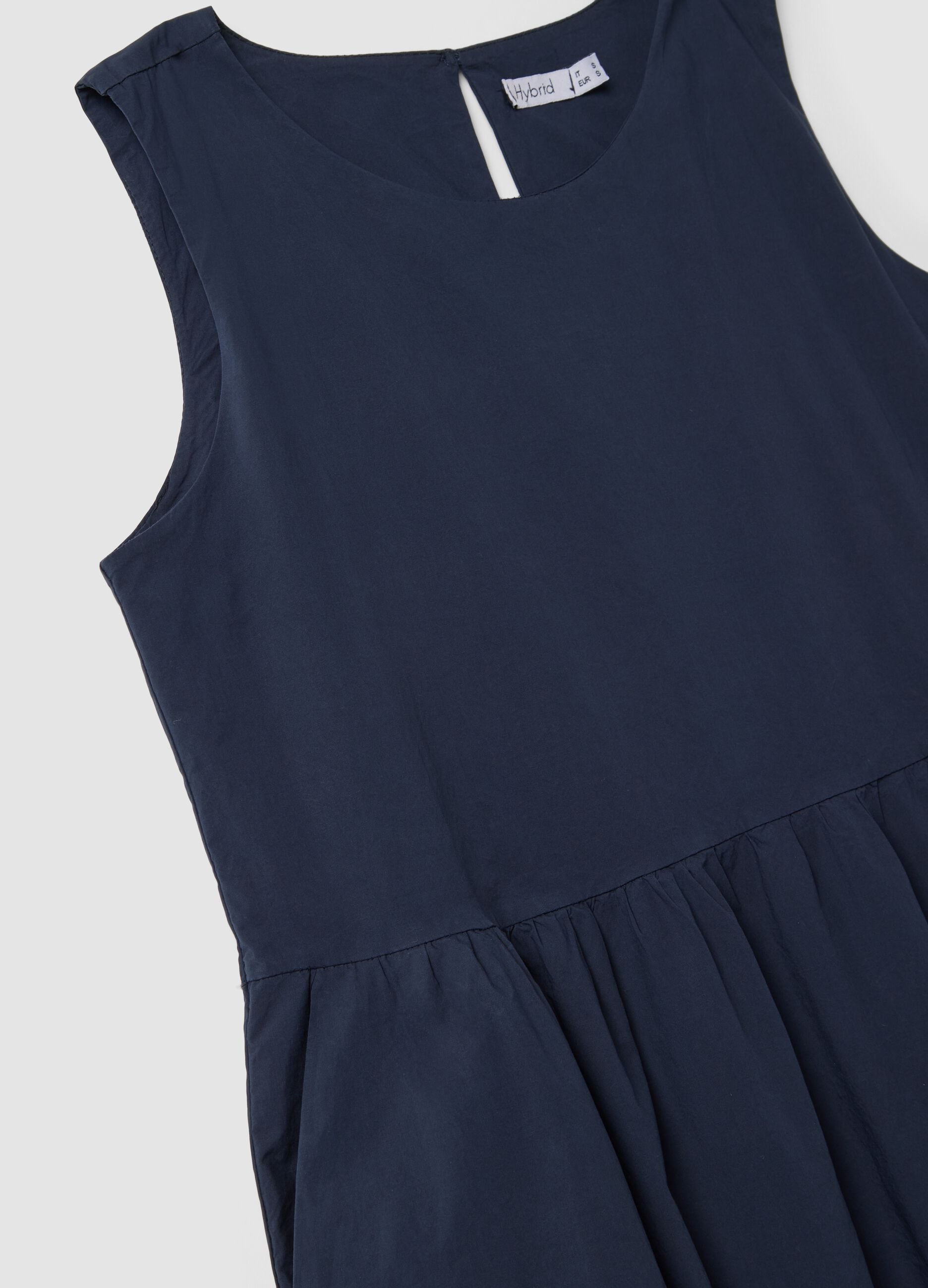Blue sleeveless pure cotton dress with tiered skirt, regular fit