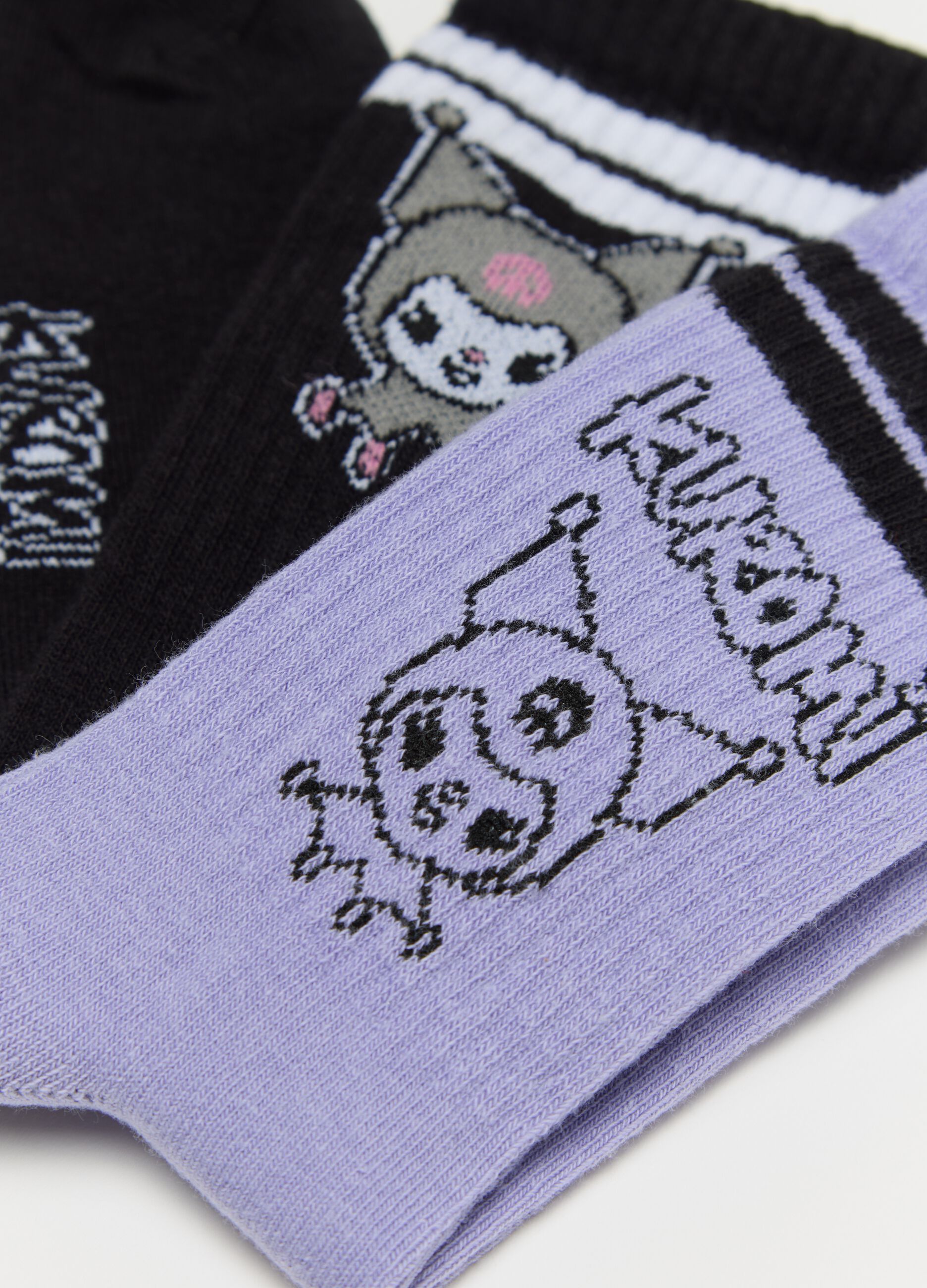 Three-pair pack black and purple socks with Hello Kitty Kuromi design