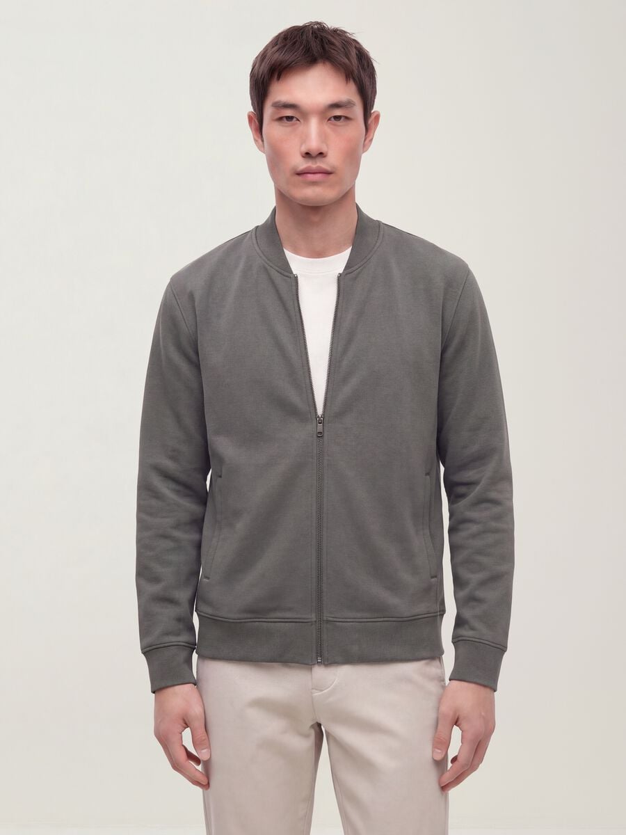 Felpa full zip grigia in piquet di tessuto elasticizzato con collo a costine_0