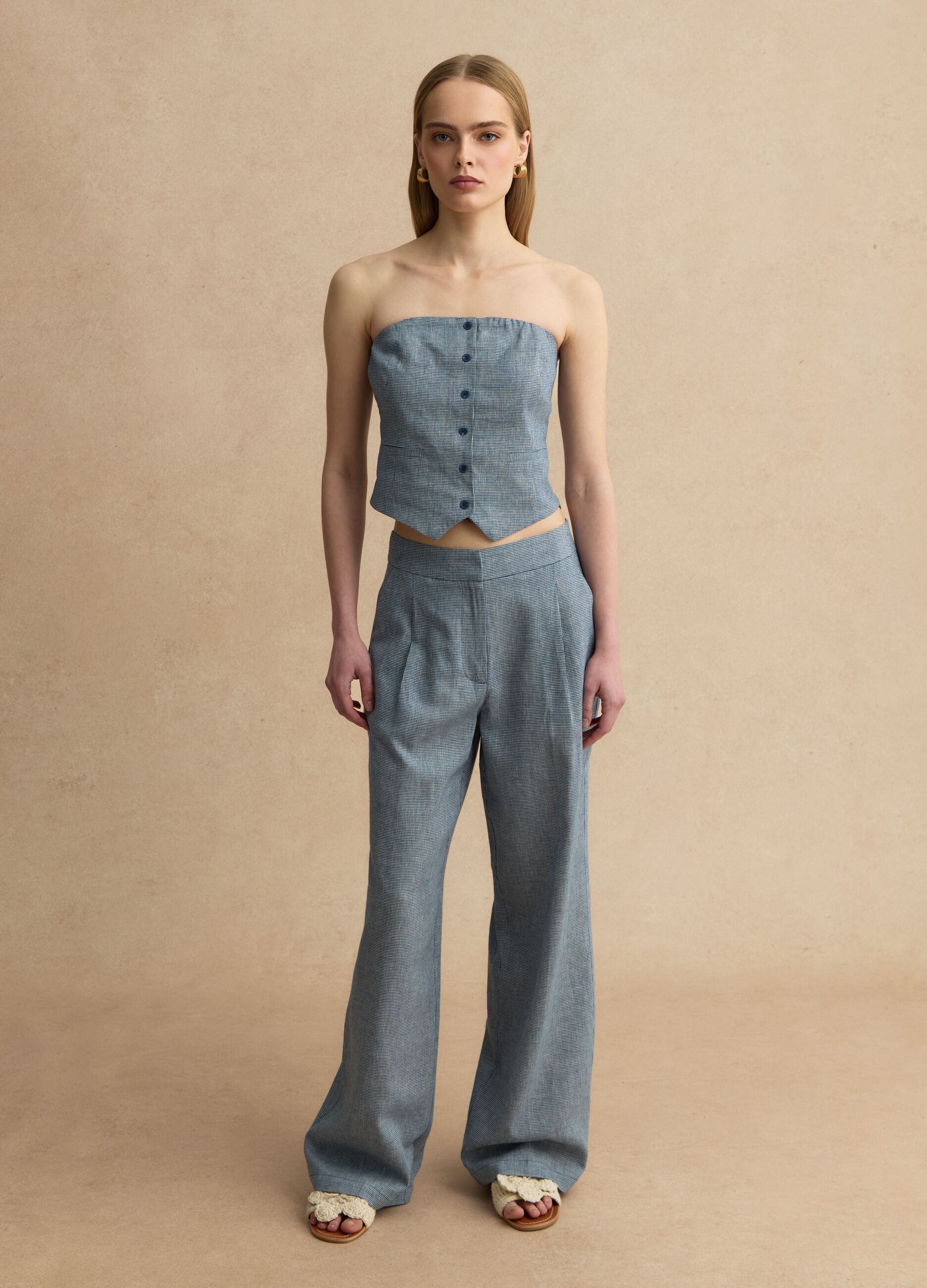 Slim-fit white and blue checked linen-blend corset