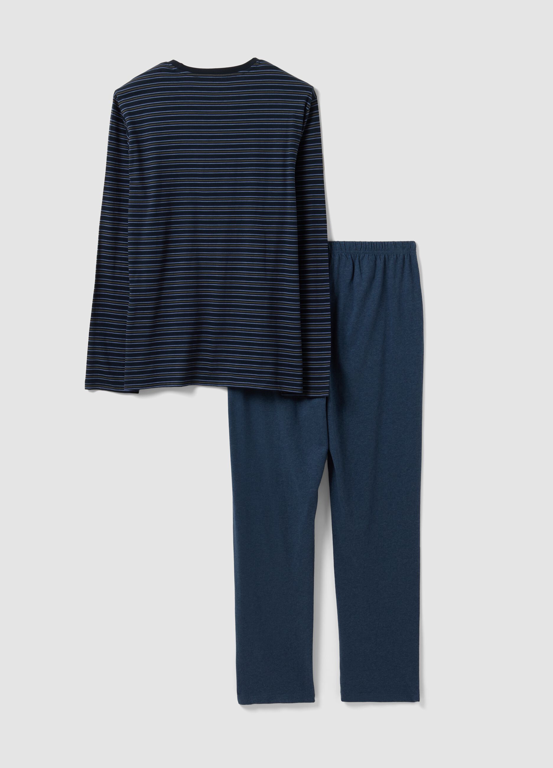 Navy blue striped pure organic cotton crew-neck pyjamas