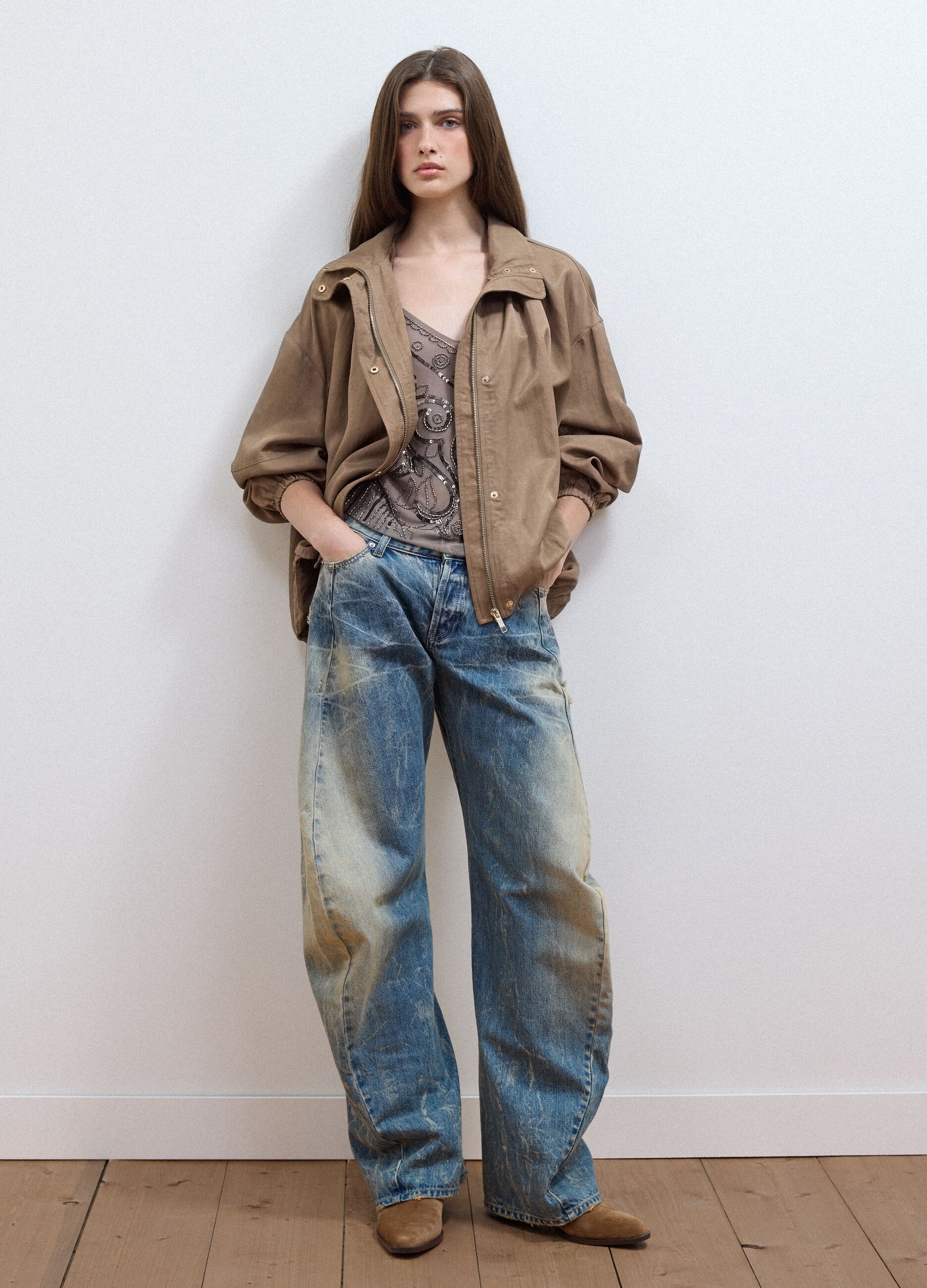 Brown regular-fit jacket in viscose and linen blend