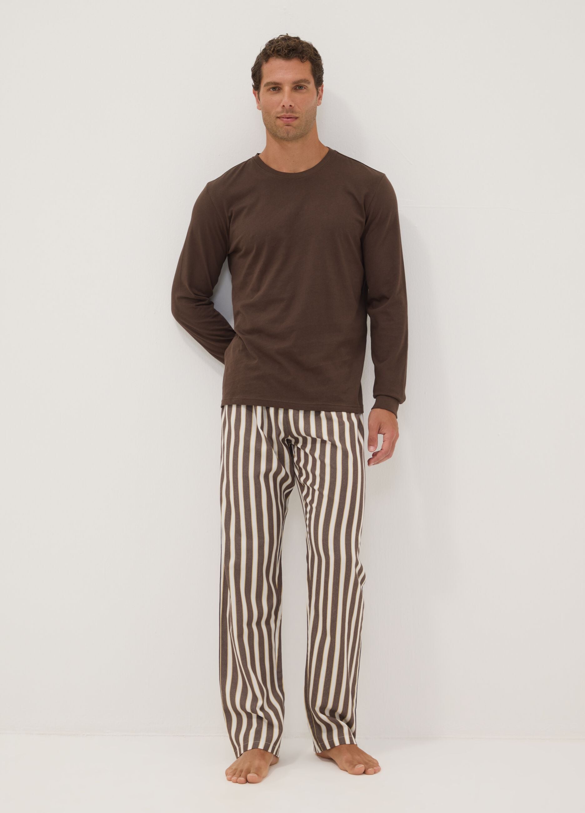 Brown pure organic cotton striped pyjamas, regular fit