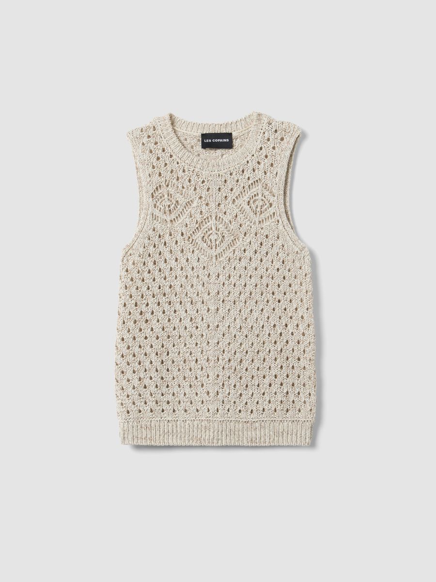Gilet fitted beige in crochet di misto cotone_0