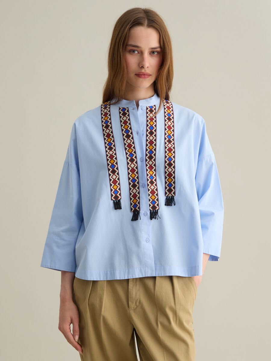 Short Sleeve Blue Shirt with Ethnic Detail_0