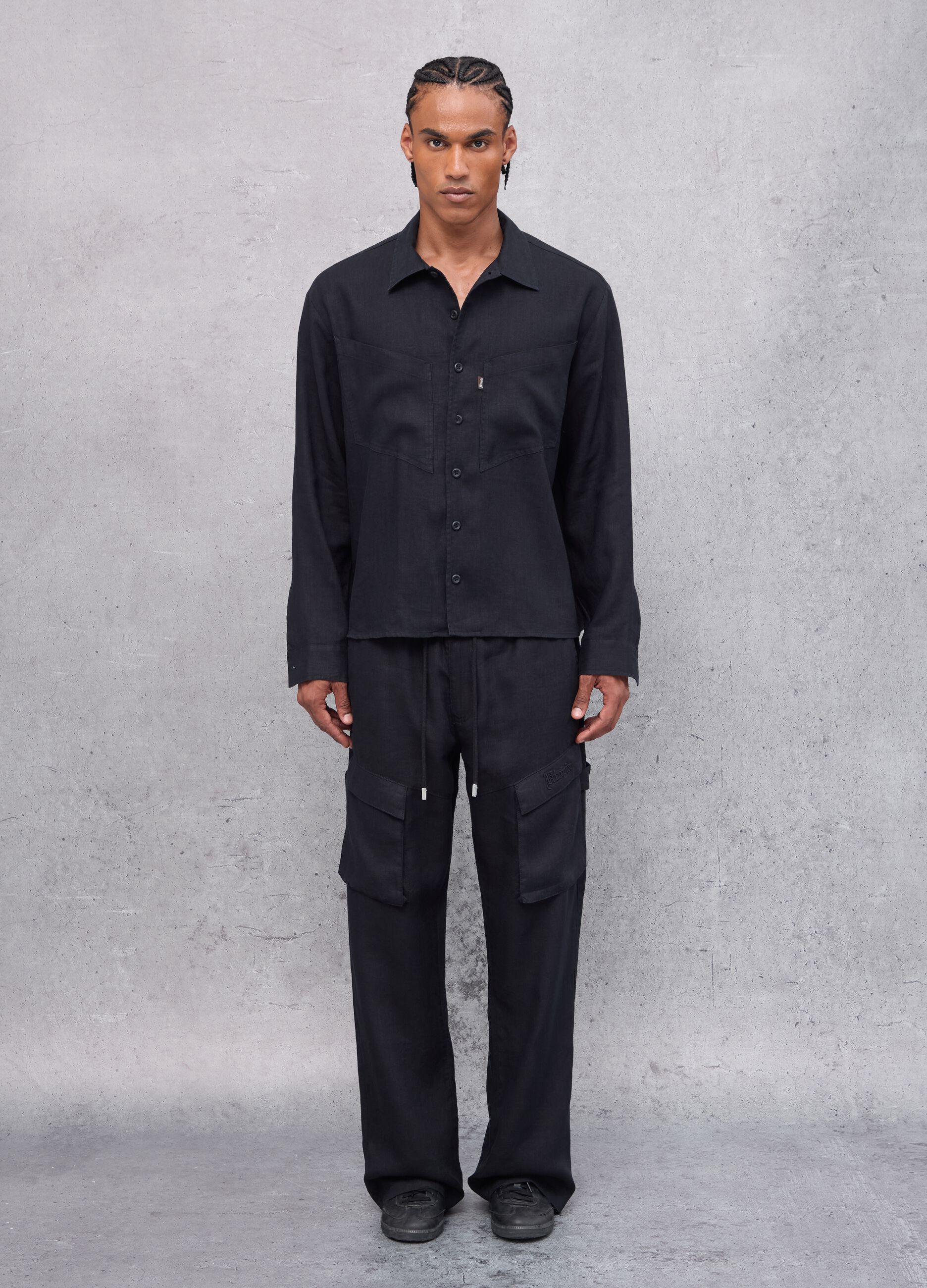 100% Linen Cargo Shirt Black