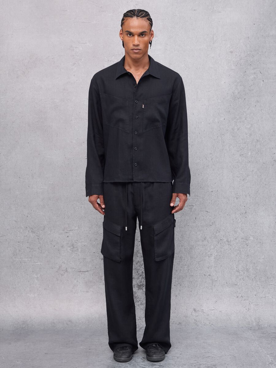 100% Linen Cargo Shirt Black_3