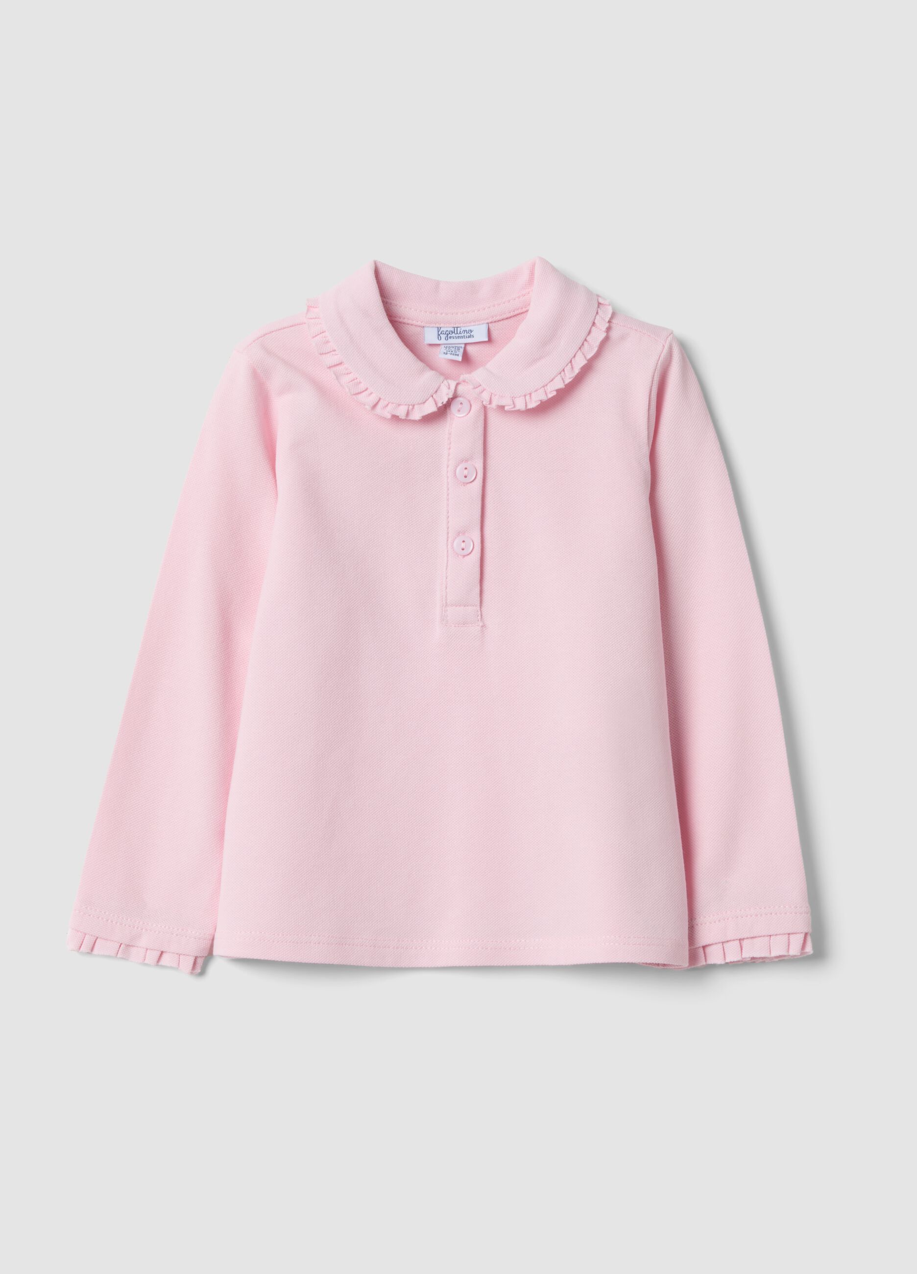 Pink long-sleeve organic cotton polo shirt, regular fit, for baby girl