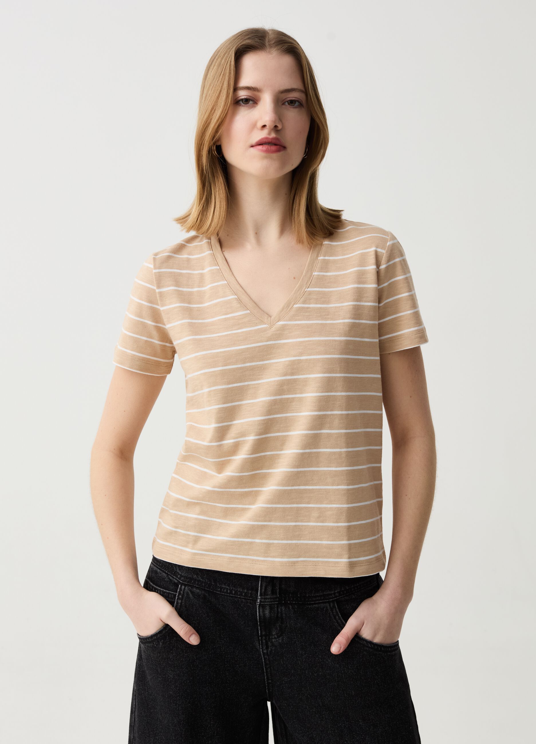 T-shirt Essential melange a righe con scollo a V