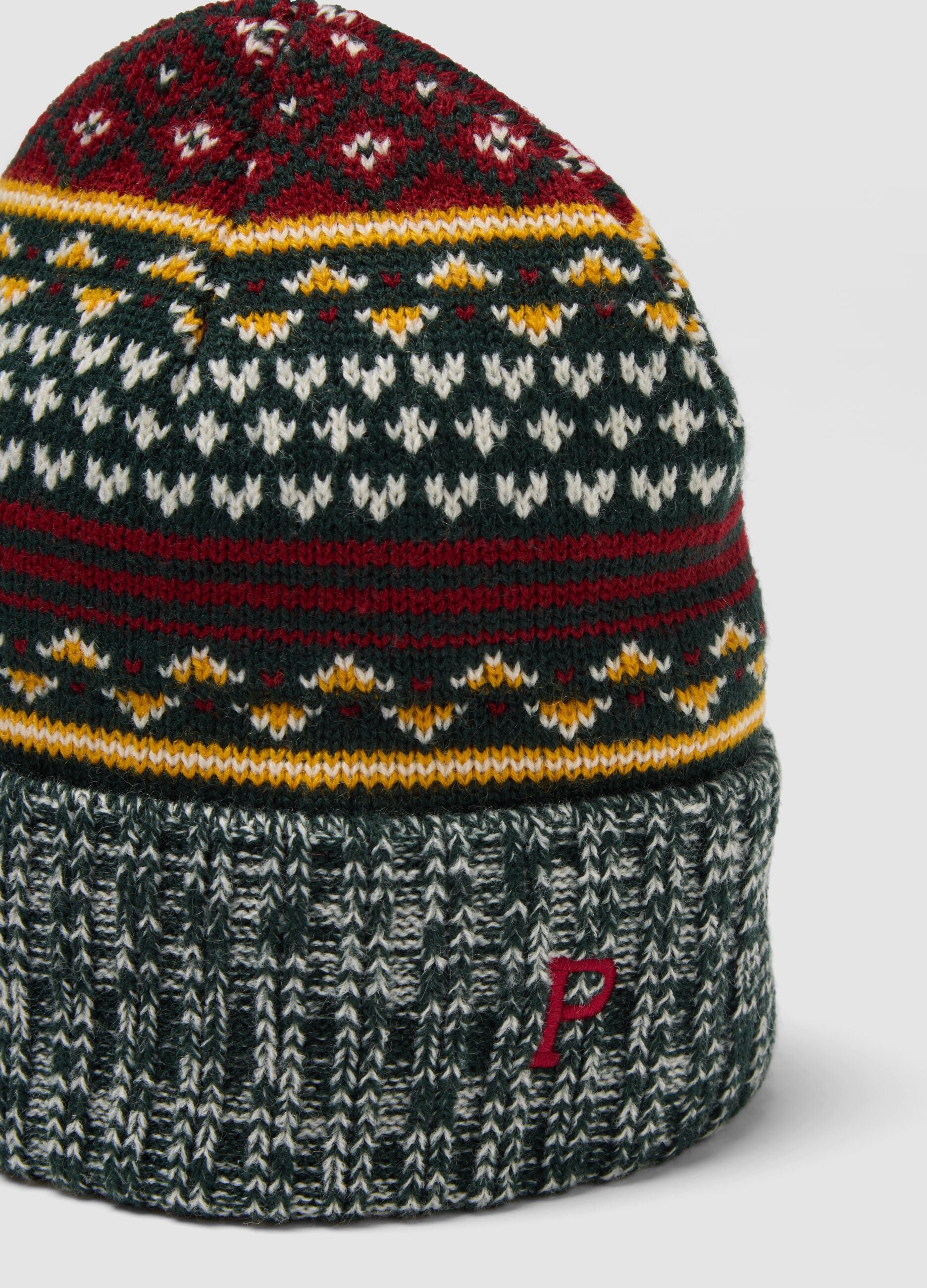 Multicolour beanie with jacquard pattern and embroidery
