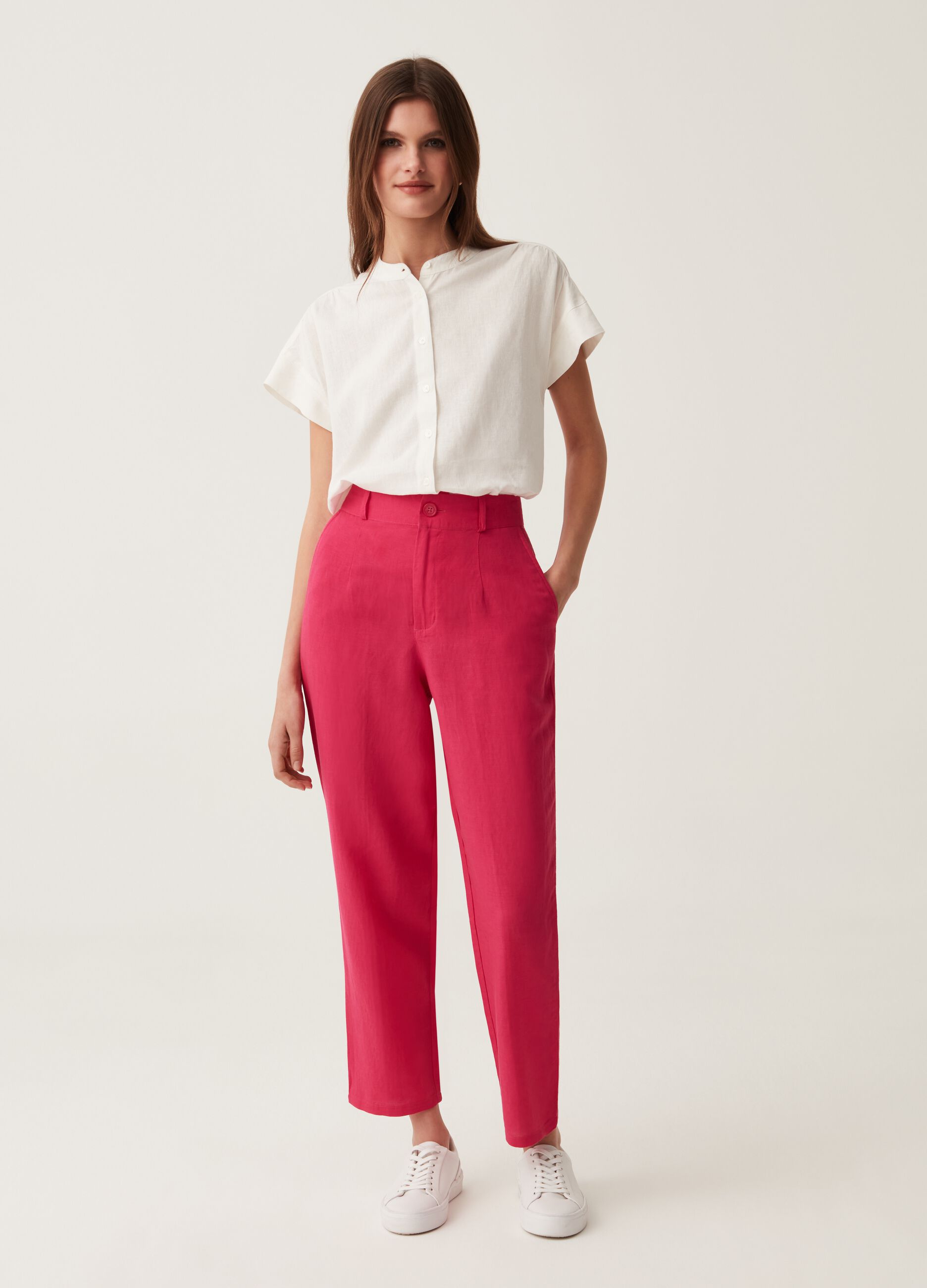 High-rise linen and viscose trousers