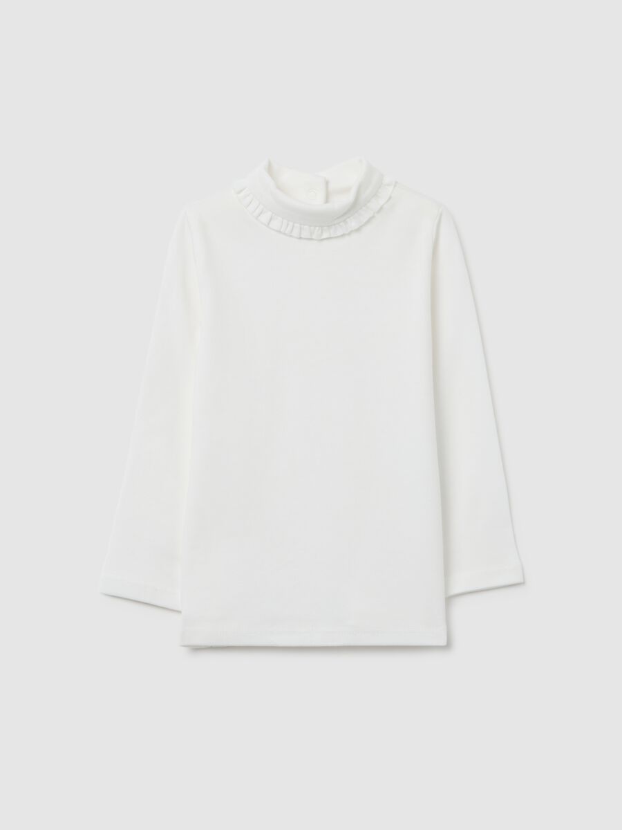 White regular fit girl's top with ruched collar in pure cotton_0