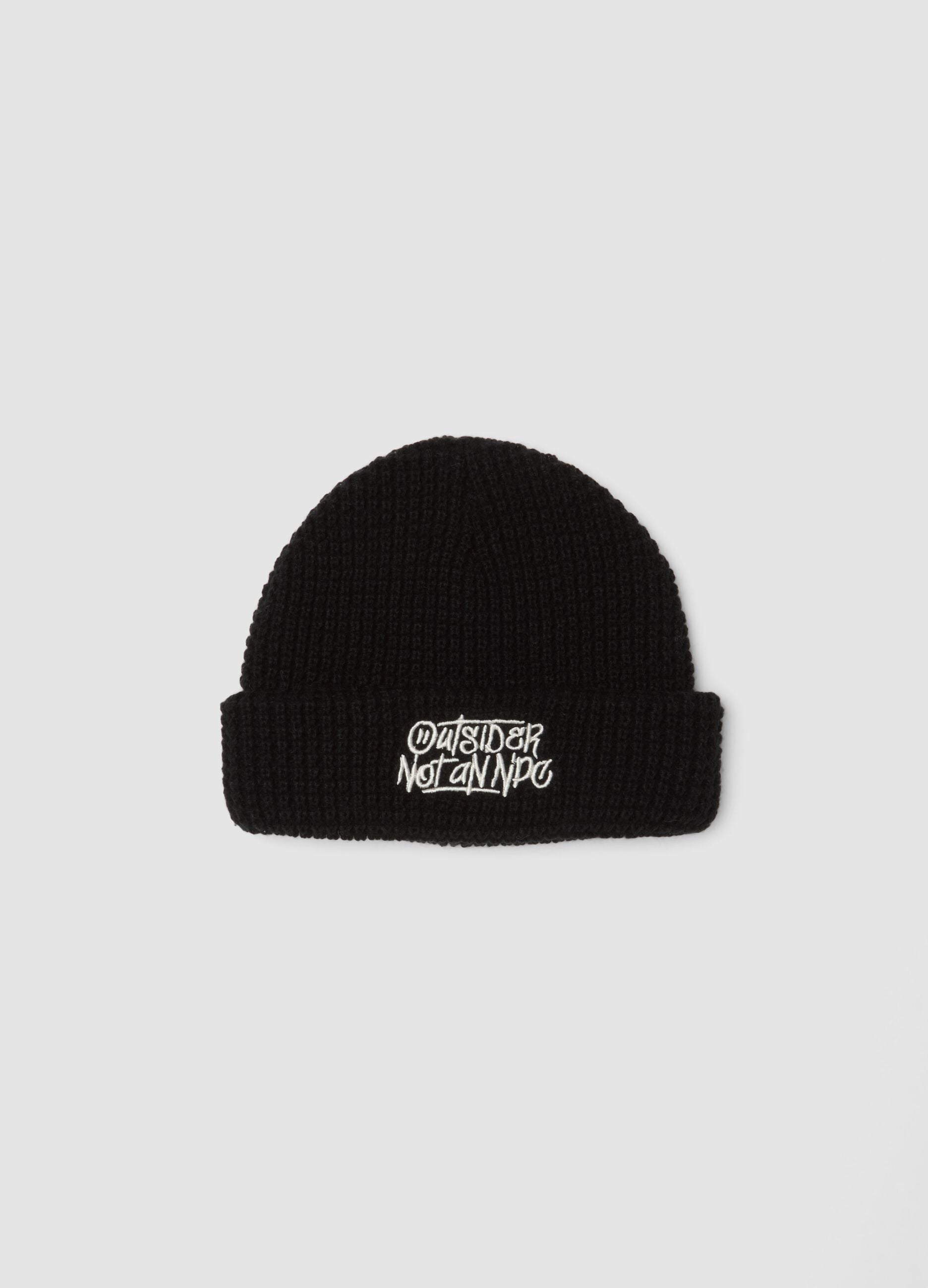 Black ribbed knit beanie with turn-up cuff