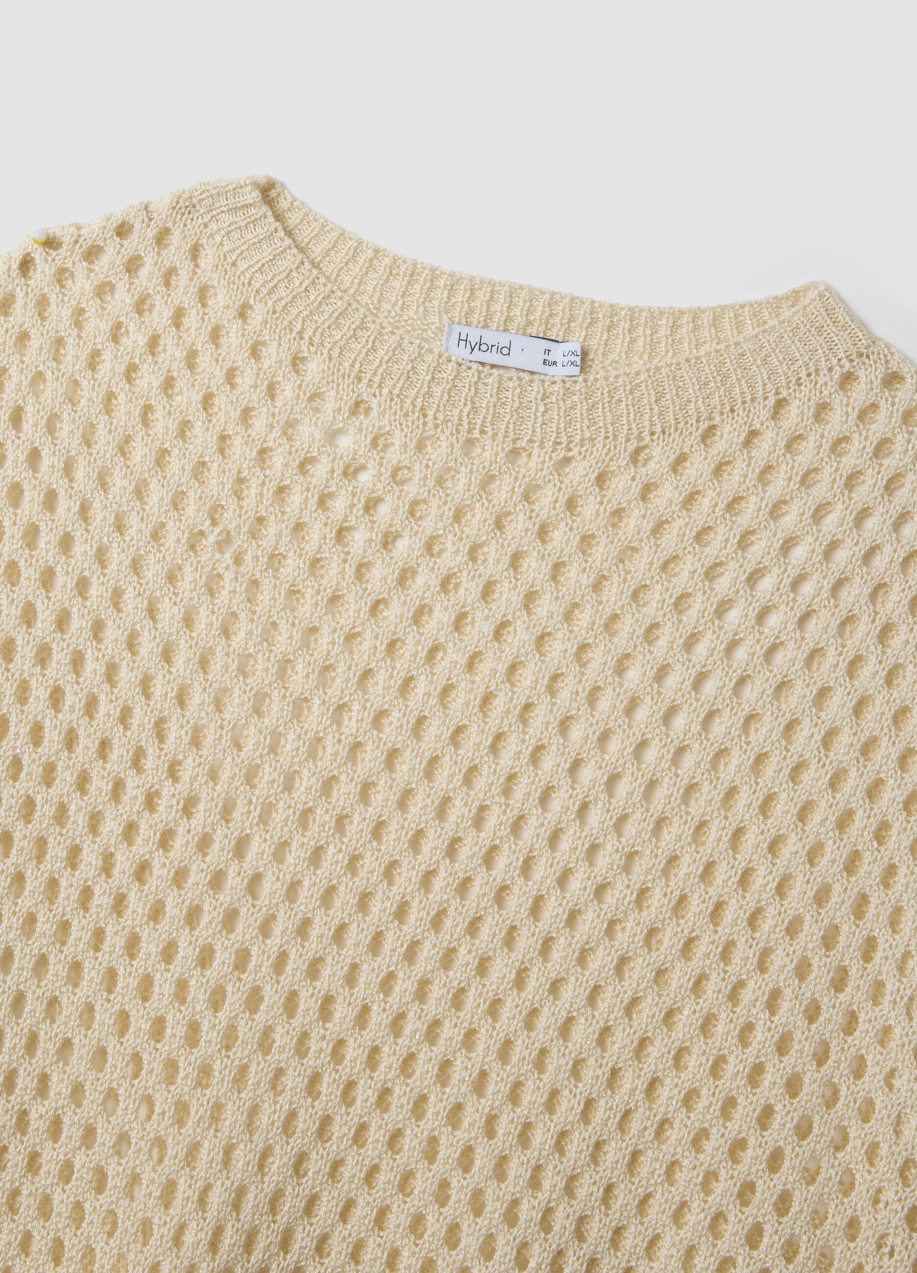 Beige open-knit three-quarter sleeve jumper